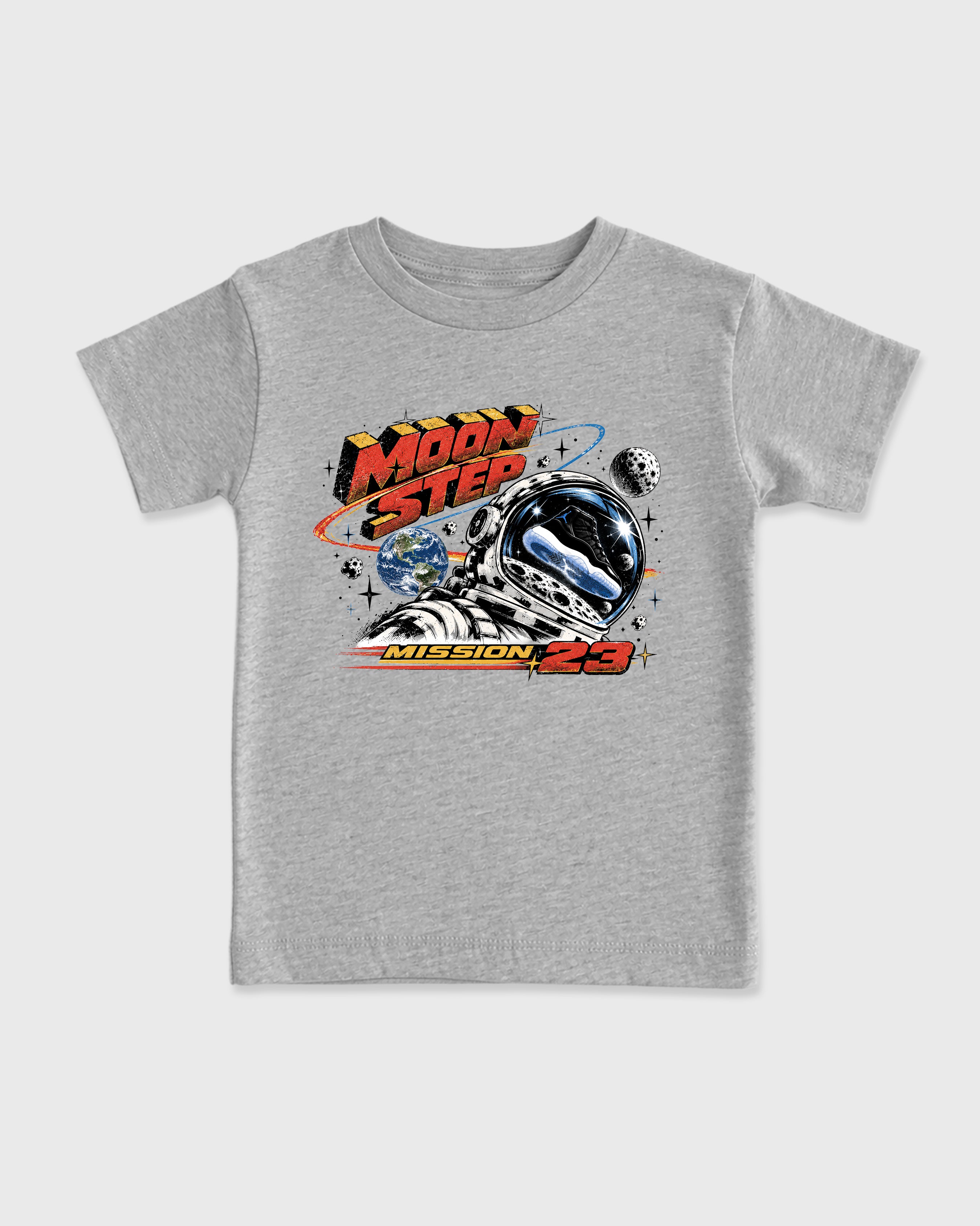 Moon Step Baby & Kids Graphic T-Shirt featuring original artwork designed to match the Air Jordan 11 Retro Space Jam. Heather Grey 2 Kids Graphic Tee.