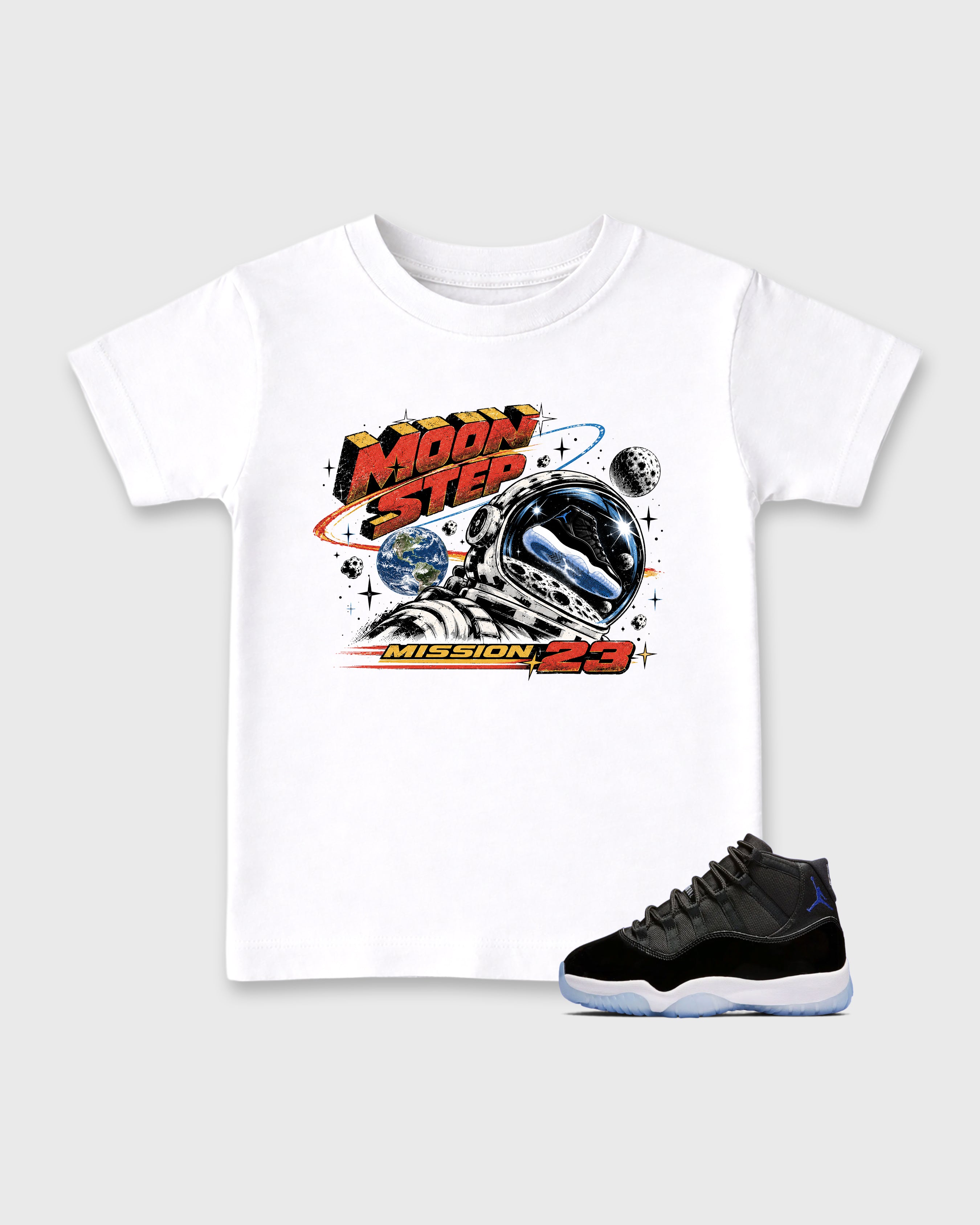 Moon Step Baby & Kids Graphic T-Shirt featuring original artwork designed to match the Air Jordan 11 Retro Space Jam. White 1 Kids Graphic Tee.