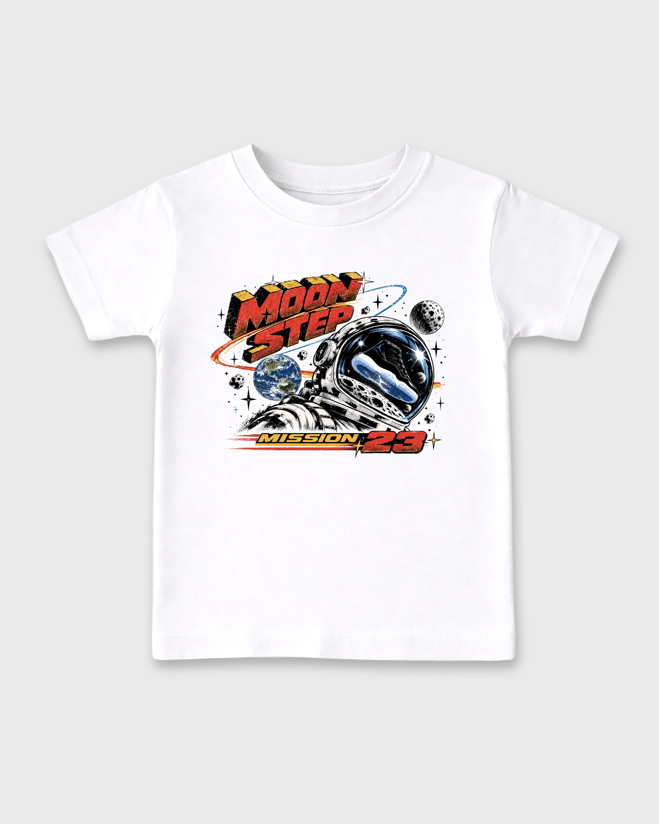 Moon Step Baby & Kids Graphic T-Shirt featuring original artwork designed to match the Air Jordan 11 Retro Space Jam. White 2 Kids Graphic Tee.