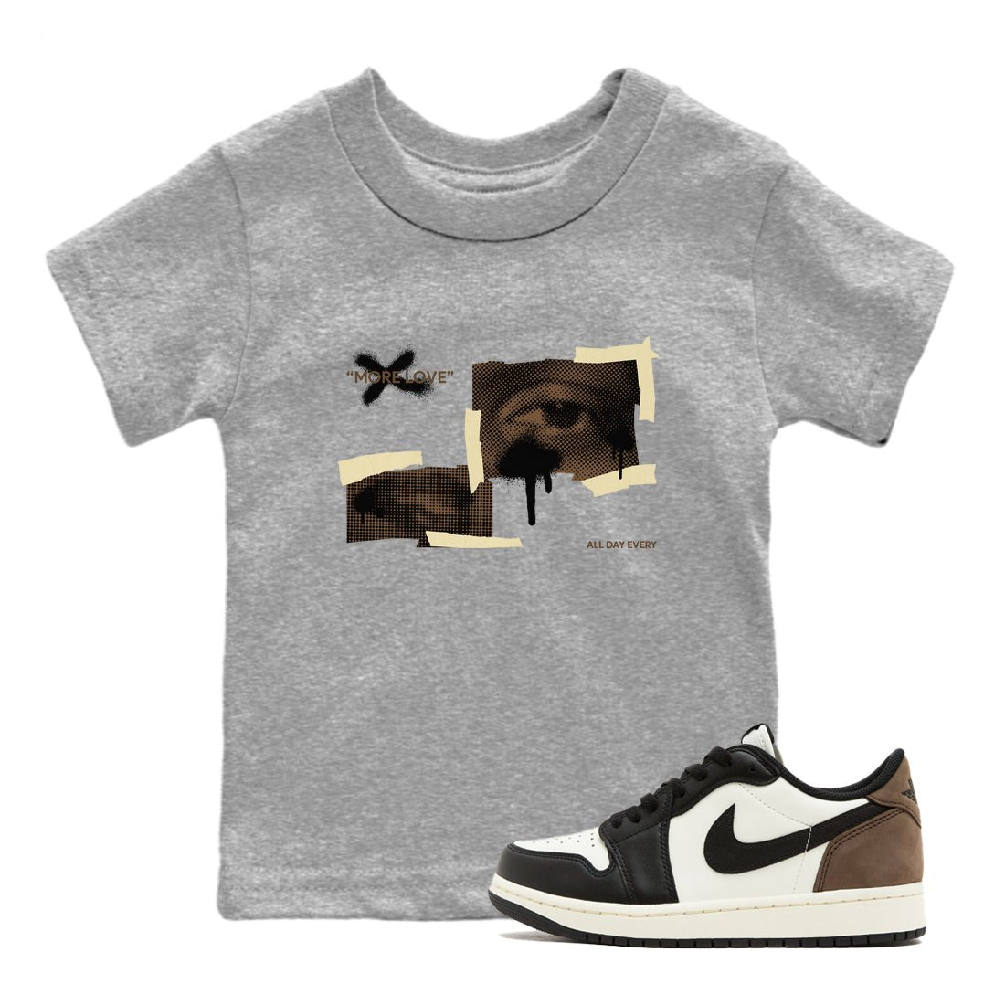 1s Low OG Mocha shirts to match jordans More Love sneaker match tees Air Jordan 1 Mocha match shoes to clothes SNRT Sneaker Tees Youth Baby Heather Grey 1 tee