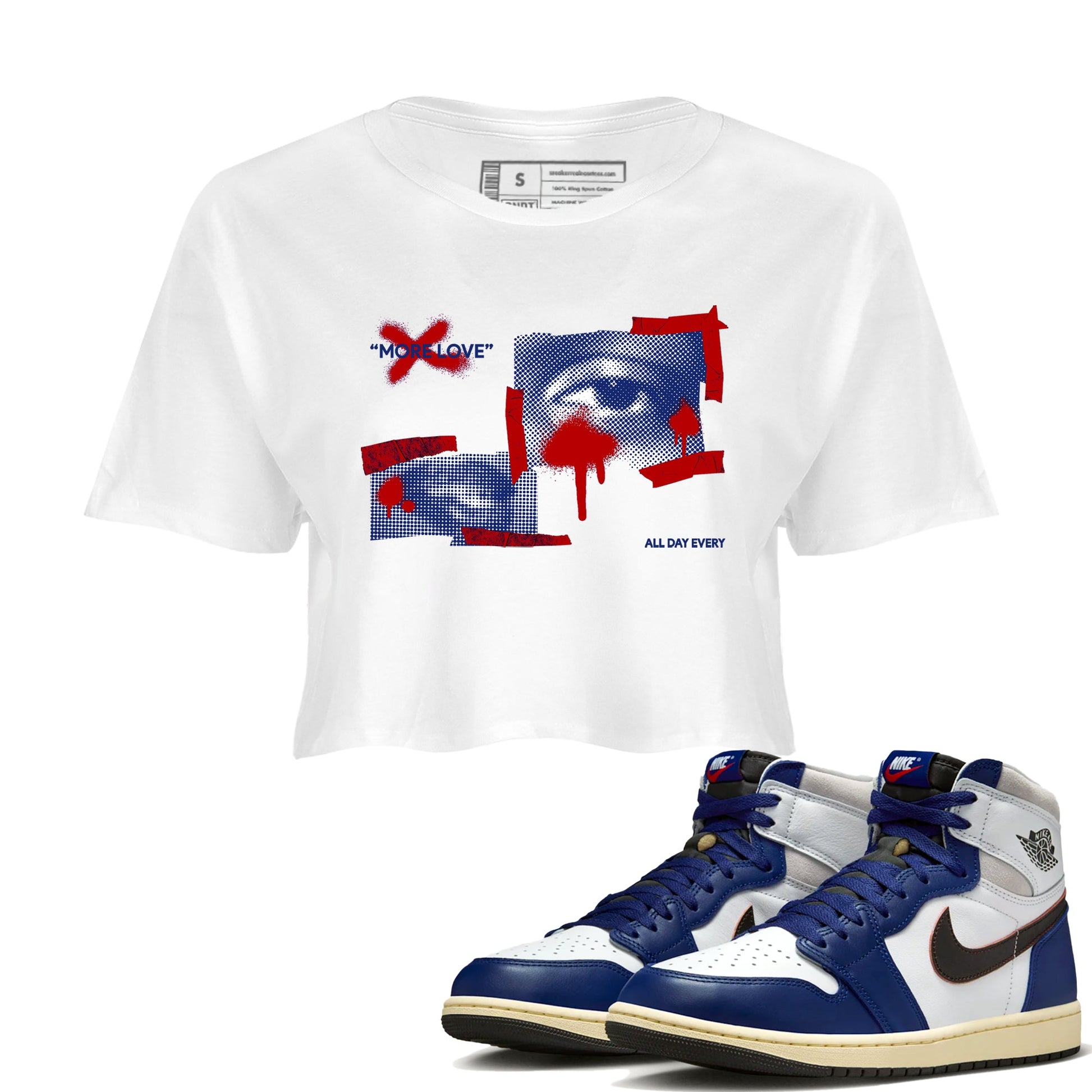 1s Rare Air shirts to match jordans More Love sneaker match tees Air Jordan 1 High OG Rare Air Deep Royal Blue match shoes to clothes SNRT Sneaker Tees unisex cotton White 1 crop tee