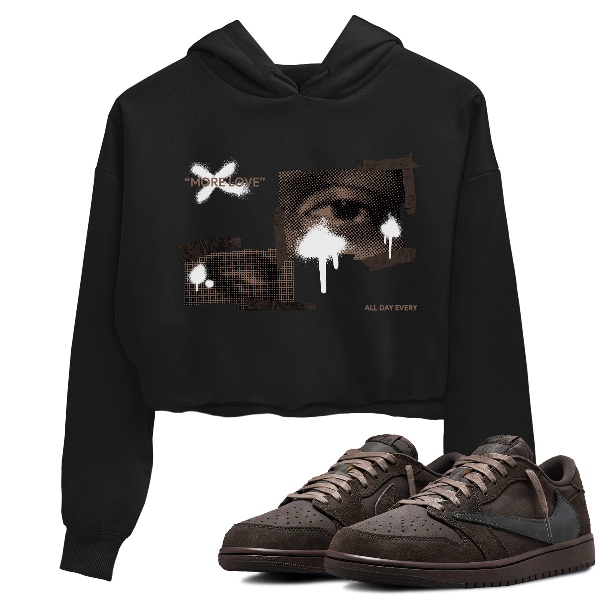 Air Jordan 1 Travis Scott Velvet Brown shirts to match jordans More Love sneaker match tees Travis Scott x Air Jordan 1 Low OG Velvet Brown best t shirts to wear with jordans SNRT Sneaker Tees unisex cotton Black 1 crop tee
