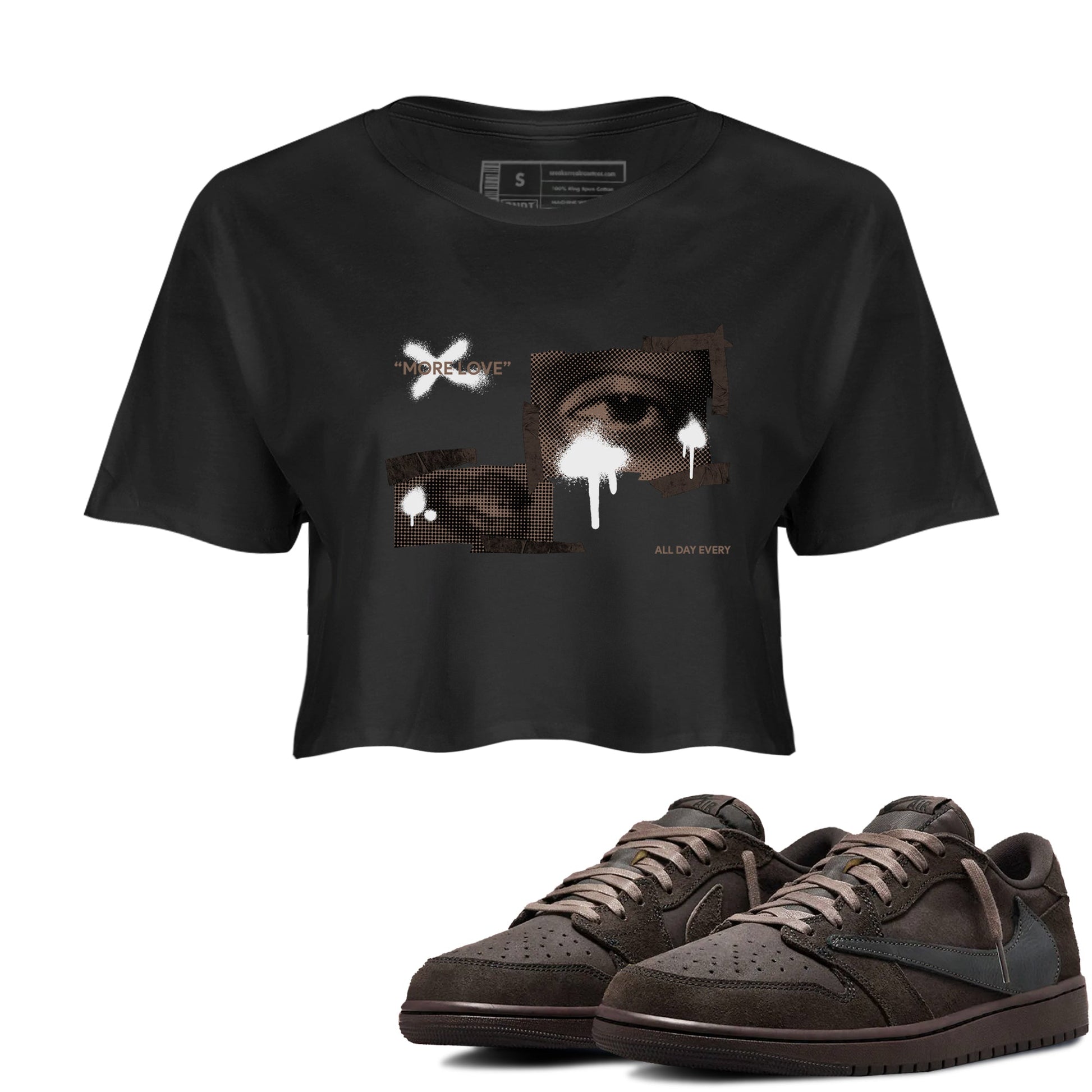 Air Jordan 1 Travis Scott Velvet Brown shirts to match jordans More Love sneaker match tees Travis Scott x Air Jordan 1 Low OG Velvet Brown best t shirts to wear with jordans SNRT Sneaker Tees unisex cotton Black 1 crop tee