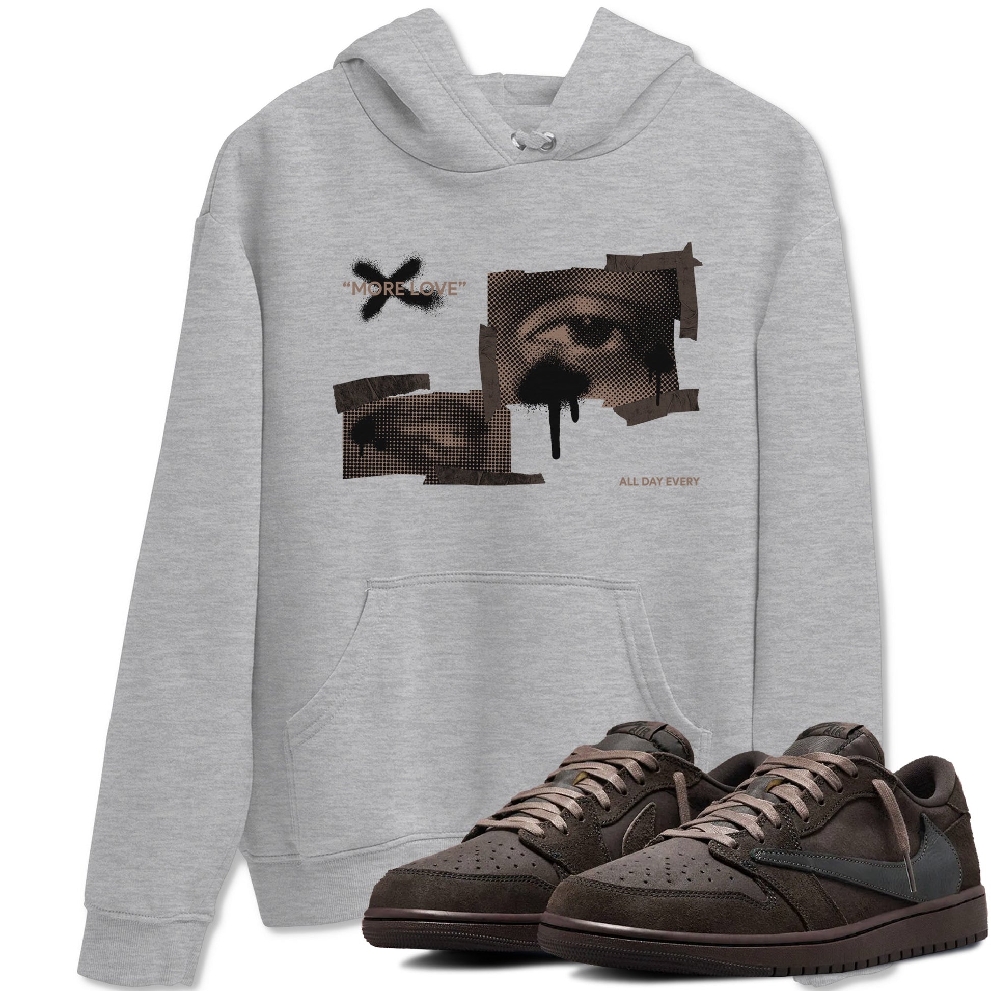 Air Jordan 1 Travis Scott Velvet Brown shirts to match jordans More Love sneaker match tees Travis Scott x Air Jordan 1 Low OG Velvet Brown best t shirts to wear with jordans SNRT Sneaker Tees unisex cotton Heather Grey 1 shirts