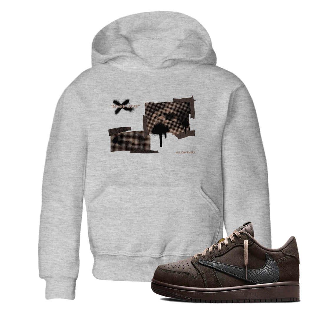 Air Jordan 1 Travis Scott Velvet Brown shirts to match jordans More Love sneaker match tees Travis Scott x Air Jordan 1 Low OG Velvet Brown best t shirts to wear with jordans SNRT Sneaker Tees Youth Baby Heather Grey 1 tee
