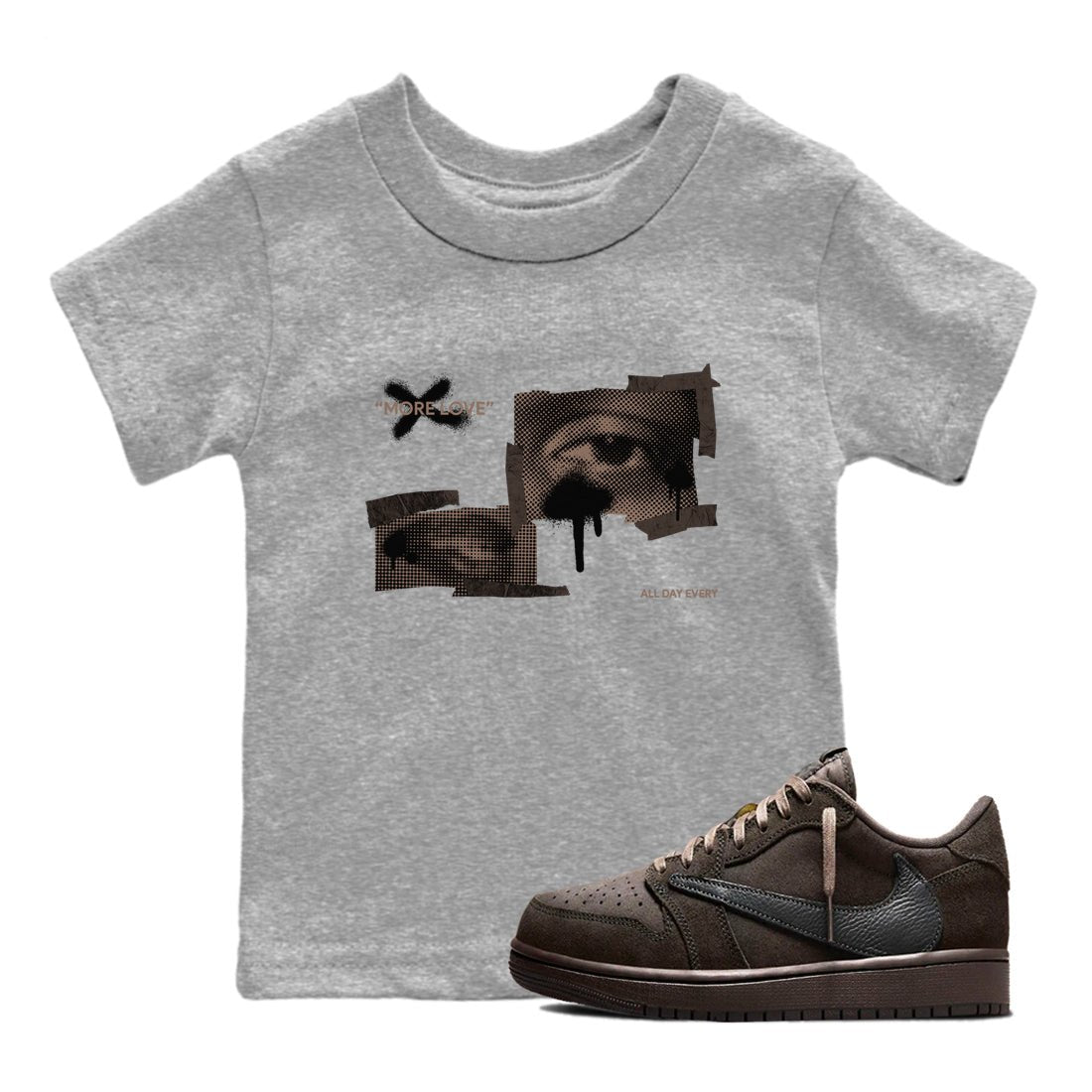 Air Jordan 1 Travis Scott Velvet Brown shirts to match jordans More Love sneaker match tees Travis Scott x Air Jordan 1 Low OG Velvet Brown best t shirts to wear with jordans SNRT Sneaker Tees Youth Baby Heather Grey 1 tee