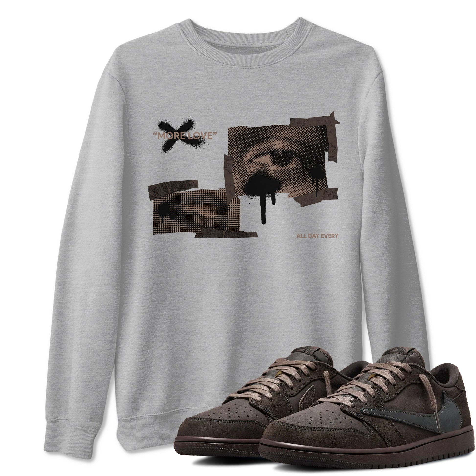 Air Jordan 1 Travis Scott Velvet Brown shirts to match jordans More Love sneaker match tees Travis Scott x Air Jordan 1 Low OG Velvet Brown best t shirts to wear with jordans SNRT Sneaker Tees unisex cotton Heather Grey 1 shirts