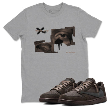 Air Jordan 1 Travis Scott Velvet Brown shirts to match jordans More Love sneaker match tees Travis Scott x Air Jordan 1 Low OG Velvet Brown best t shirts to wear with jordans SNRT Sneaker Tees unisex cotton Heather Grey 1 shirts
