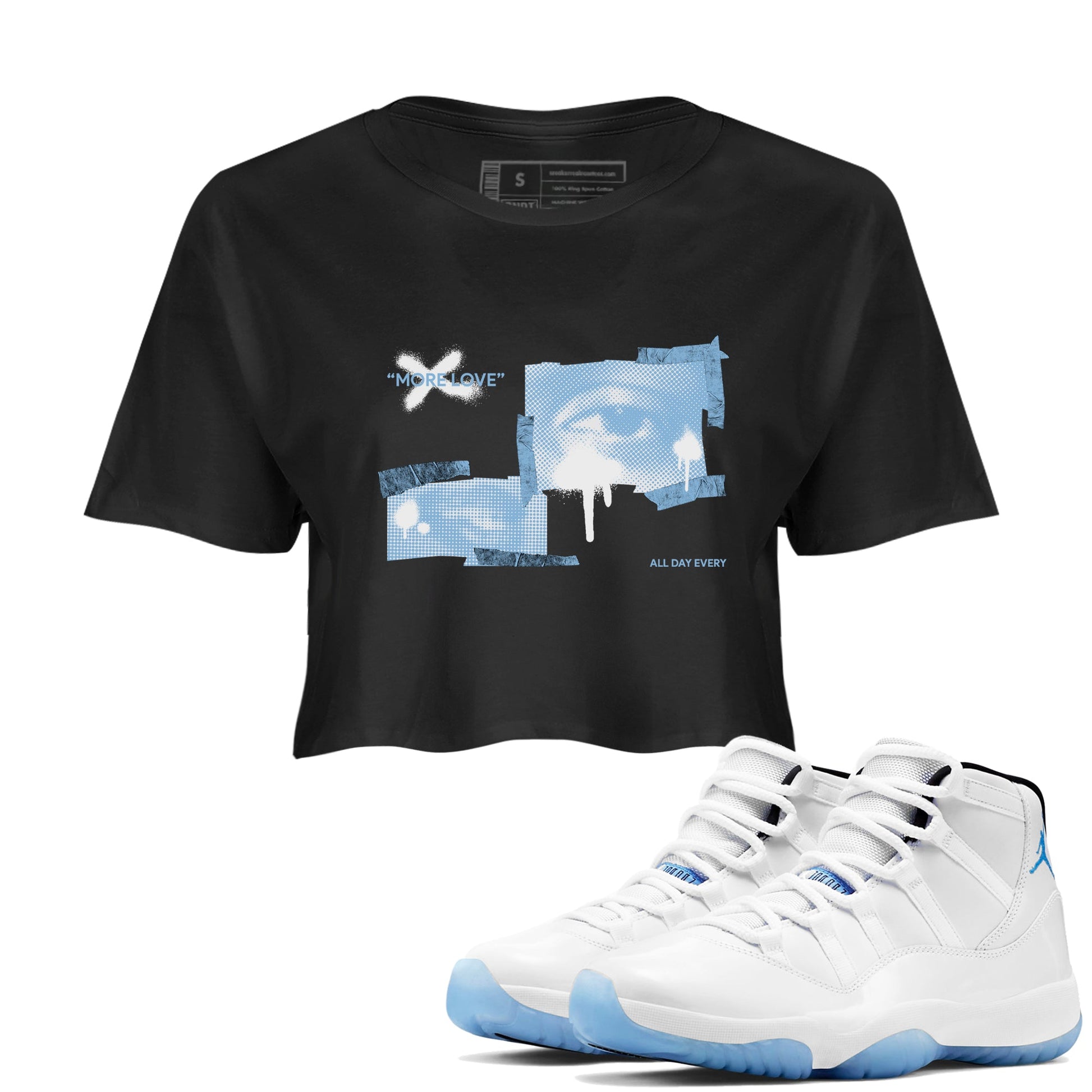 11s Retro Legend Blue shirts to match jordans More Love sneaker match tees Air Jordan 11 Legend Blue best t shirts to wear with jordans SNRT Sneaker Tees unisex cotton Black 1 crop tee