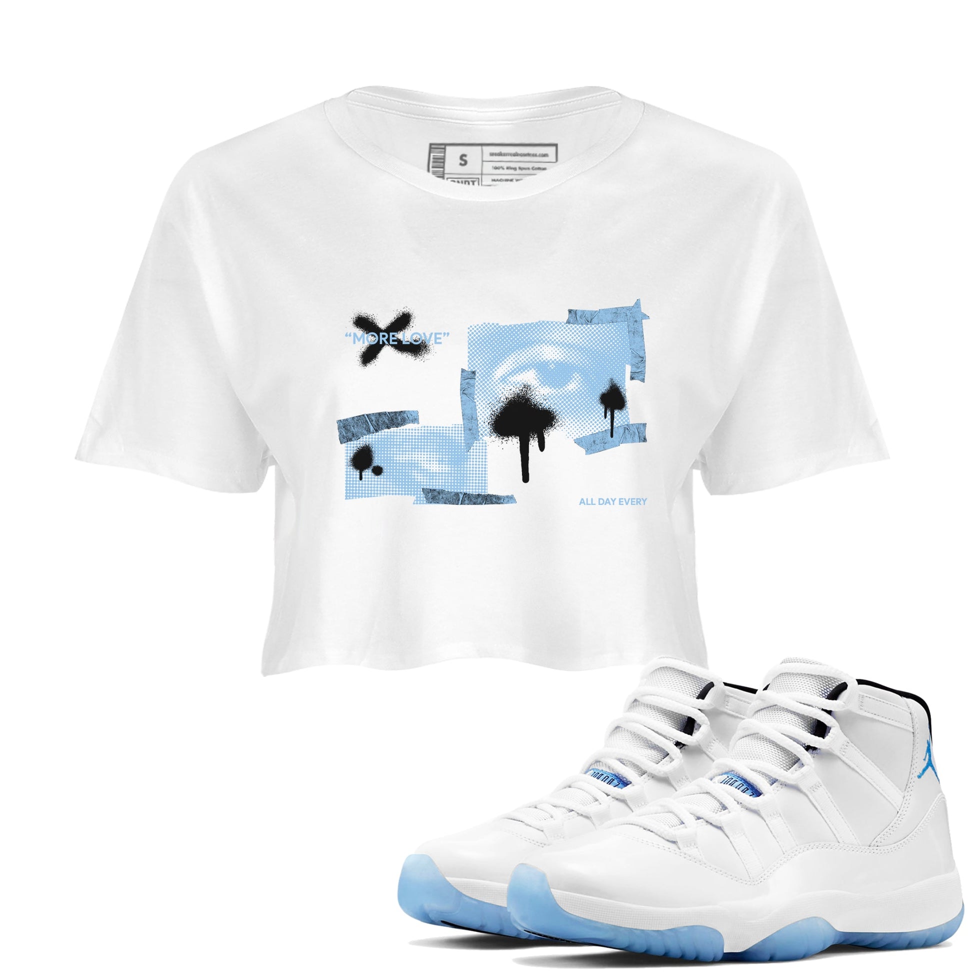 11s Retro Legend Blue shirts to match jordans More Love sneaker match tees Air Jordan 11 Legend Blue best t shirts to wear with jordans SNRT Sneaker Tees unisex cotton White 1 crop tee