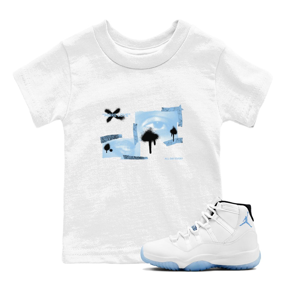 11s Retro Legend Blue shirts to match jordans More Love sneaker match tees Air Jordan 11 Legend Blue best t shirts to wear with jordans SNRT Sneaker Tees Youth Baby White 1 tee