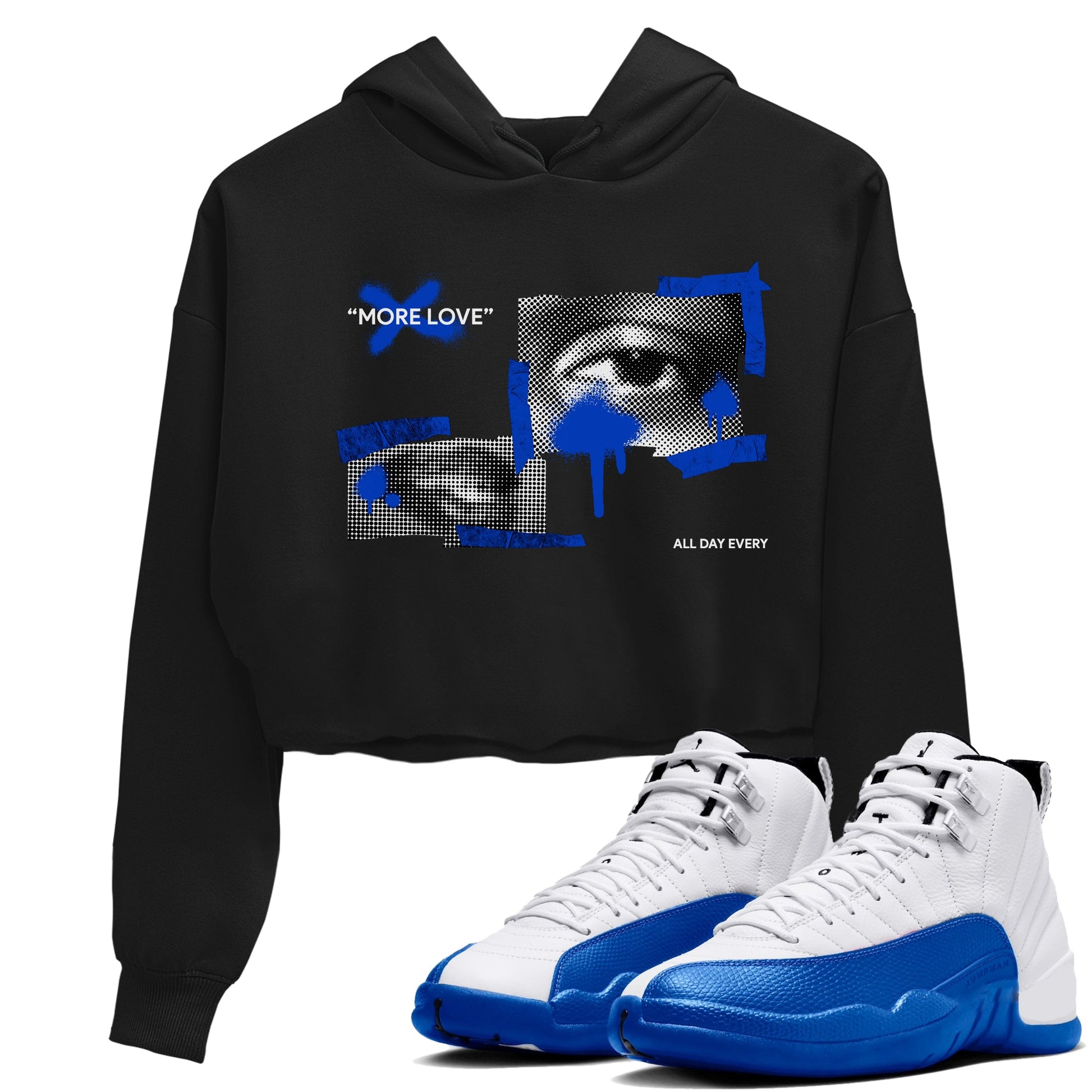12s Blueberry shirts to match jordans More Love best t shirts to wear with jordans AJ12 White and Game Royal match shoes to clothes SNRT Sneaker Tees unisex cotton Black 1 crop tee