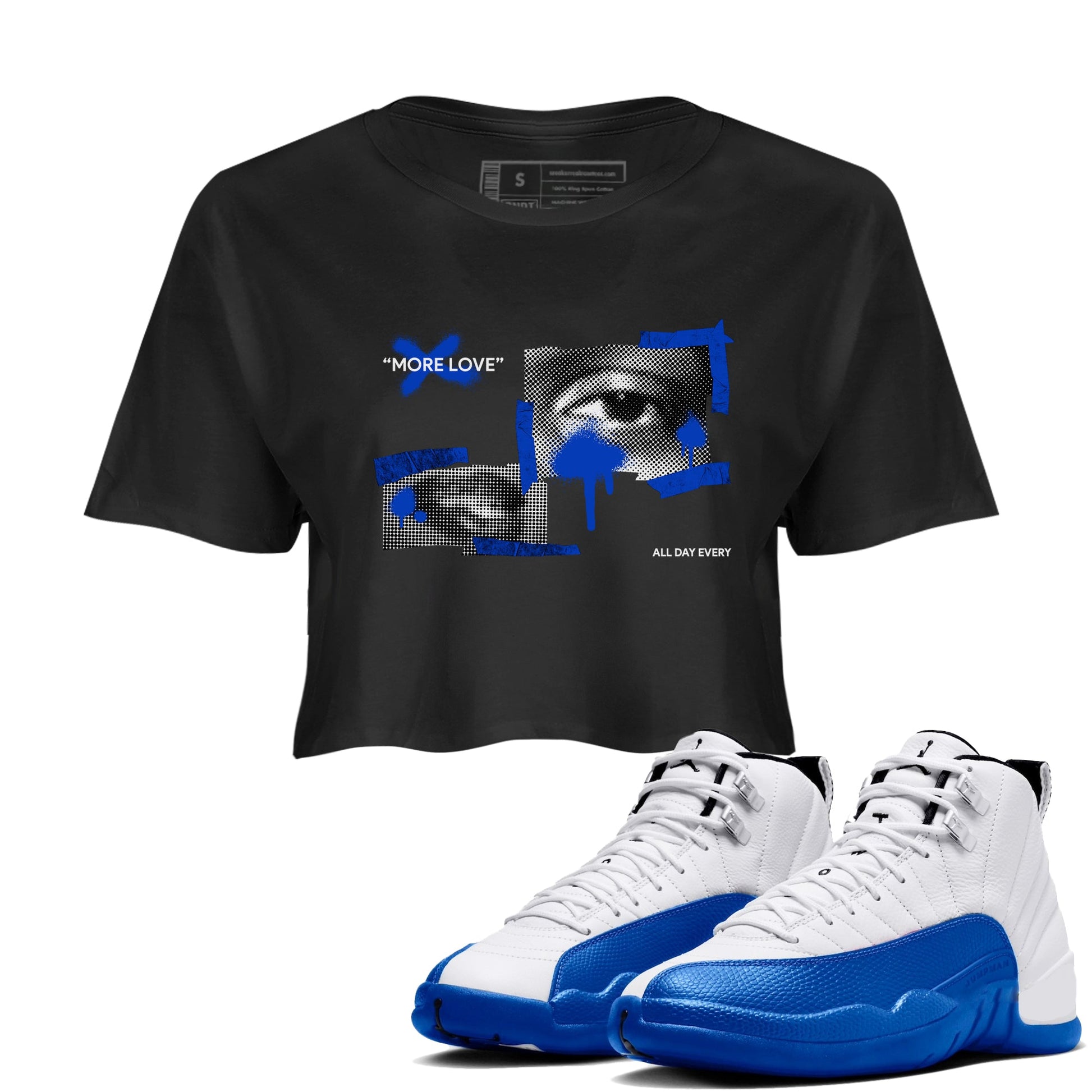 12s Blueberry shirts to match jordans More Love best t shirts to wear with jordans AJ12 White and Game Royal match shoes to clothes SNRT Sneaker Tees unisex cotton Black 1 crop tee