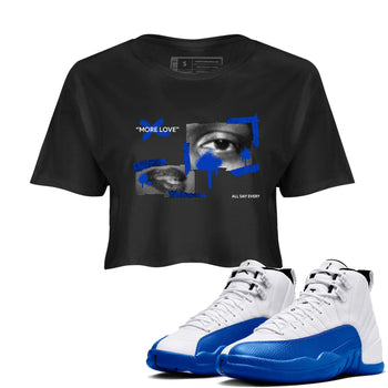 12s Blueberry shirts to match jordans More Love best t shirts to wear with jordans AJ12 White and Game Royal match shoes to clothes SNRT Sneaker Tees unisex cotton Black 1 crop tee