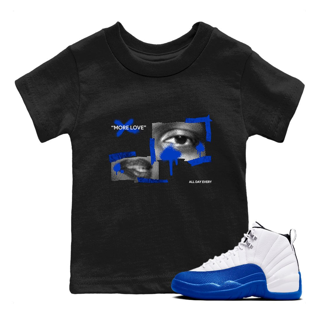 12s Blueberry shirts to match jordans More Love best t shirts to wear with jordans AJ12 White and Game Royal match shoes to clothes SNRT Sneaker Tees Youth Baby Black 1 tee
