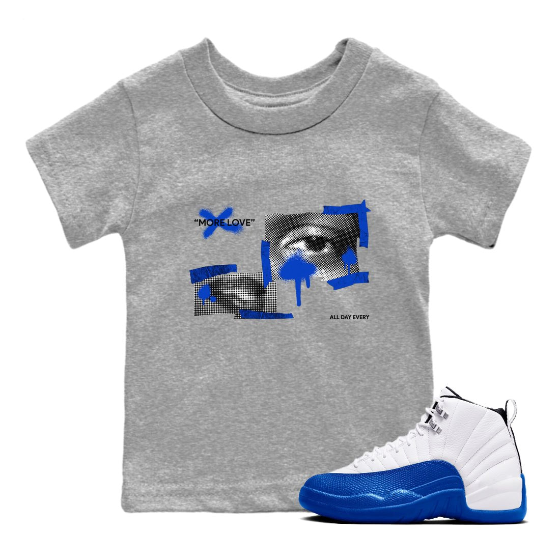 12s Blueberry shirts to match jordans More Love best t shirts to wear with jordans AJ12 White and Game Royal match shoes to clothes SNRT Sneaker Tees Youth Baby Heather Grey 1 tee