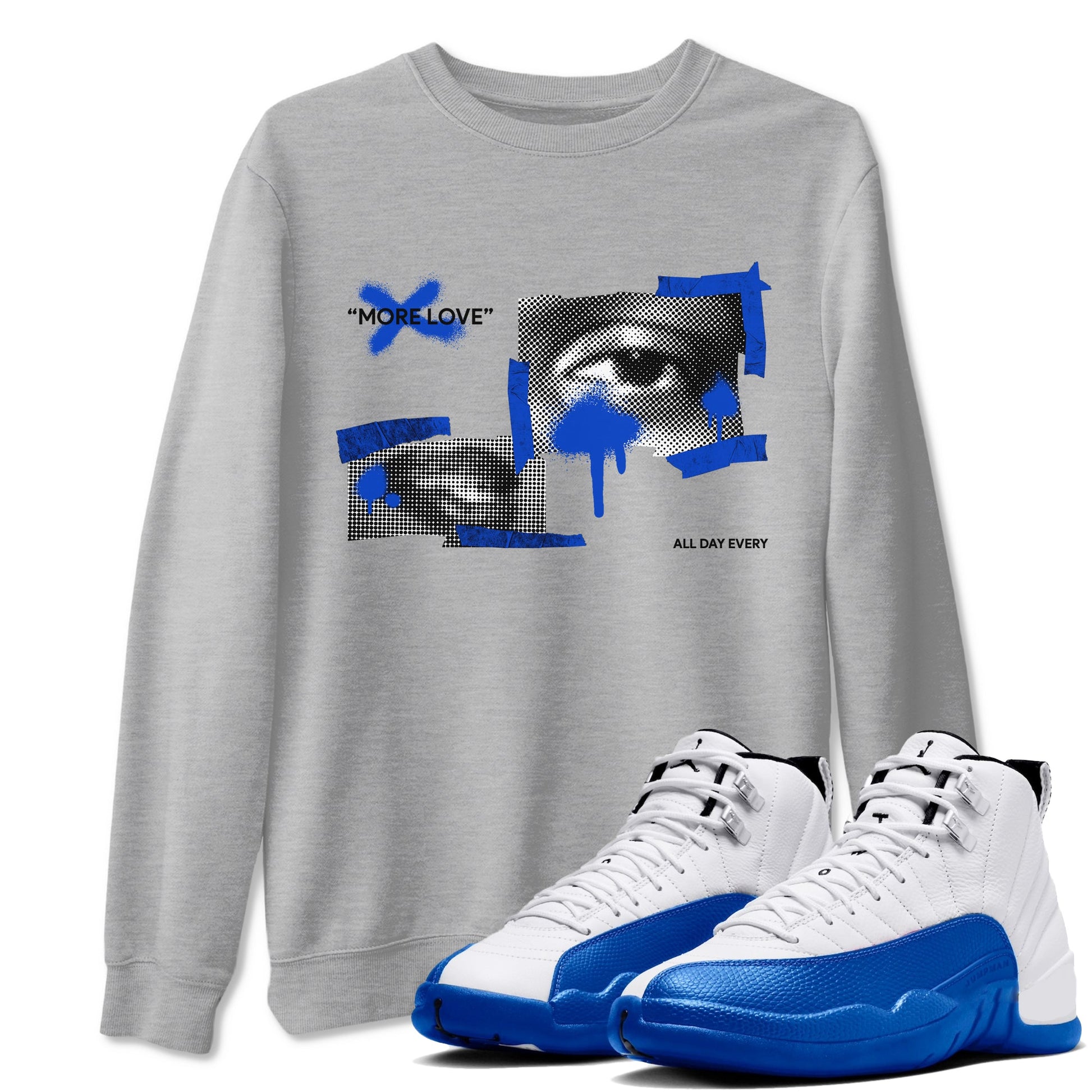 12s Blueberry shirts to match jordans More Love best t shirts to wear with jordans AJ12 White and Game Royal match shoes to clothes SNRT Sneaker Tees unisex cotton Heather Grey 1 shirts