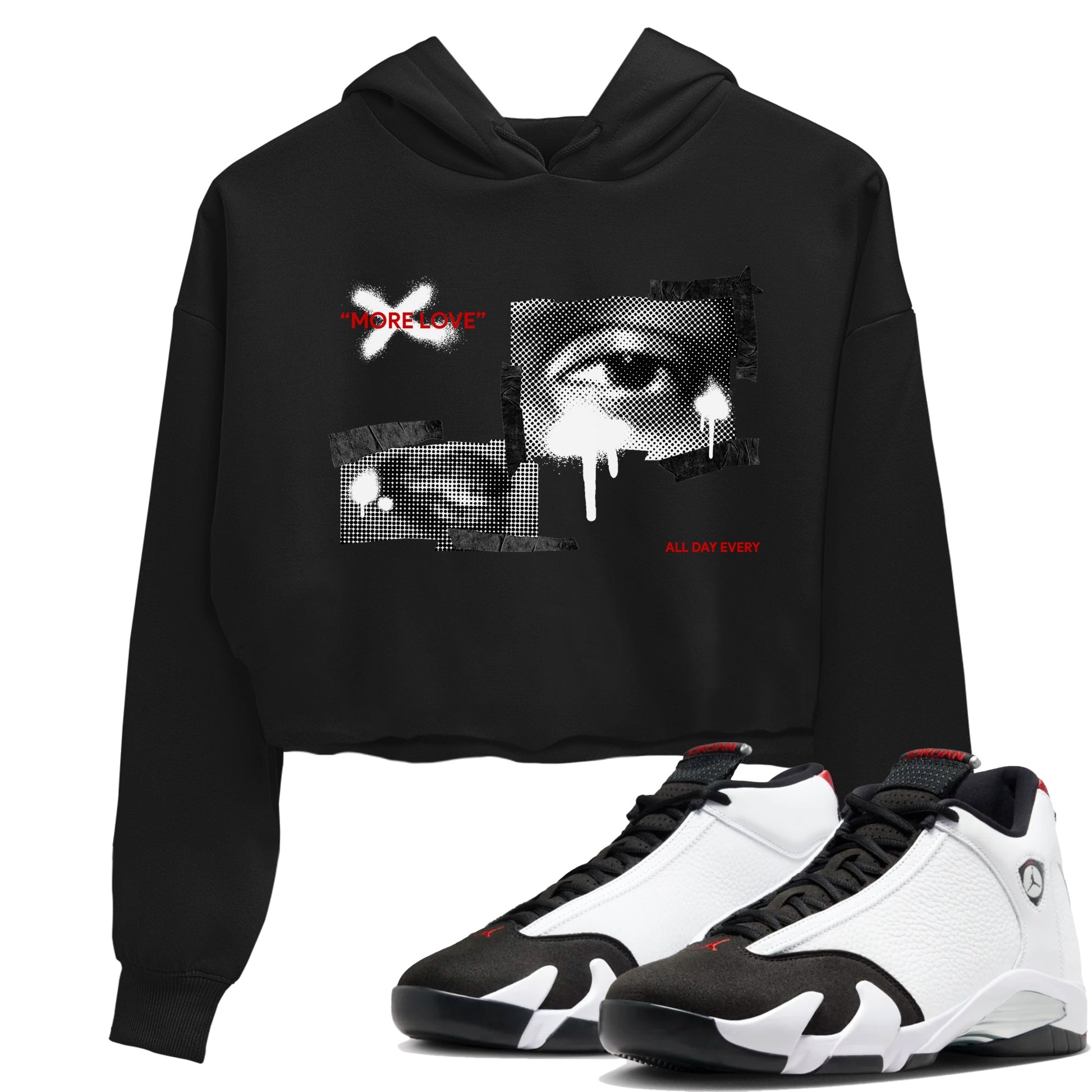 14s Black Toe shirts to match jordans More Love graphic tees Air Jordan 14 Black Toe t shirts to match sneakers SNRT Sneaker Tees unisex cotton Black 1 crop tee