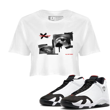 14s Black Toe shirts to match jordans More Love graphic tees Air Jordan 14 Black Toe t shirts to match sneakers SNRT Sneaker Tees unisex cotton White 1 crop tee