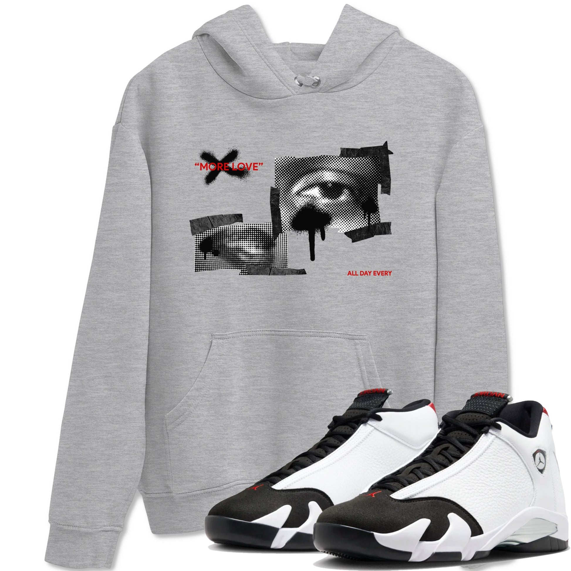 14s Black Toe shirts to match jordans More Love graphic tees Air Jordan 14 Black Toe t shirts to match sneakers SNRT Sneaker Tees unisex cotton Heather Grey 1 shirts