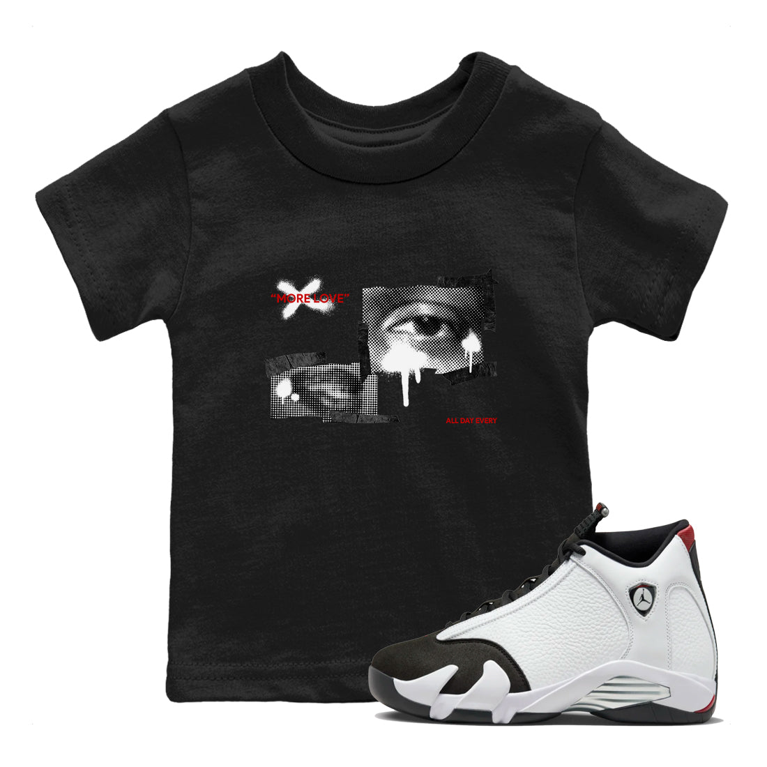 14s Black Toe shirts to match jordans More Love graphic tees Air Jordan 14 Black Toe t shirts to match sneakers SNRT Sneaker Tees Youth Baby Black 1 tee