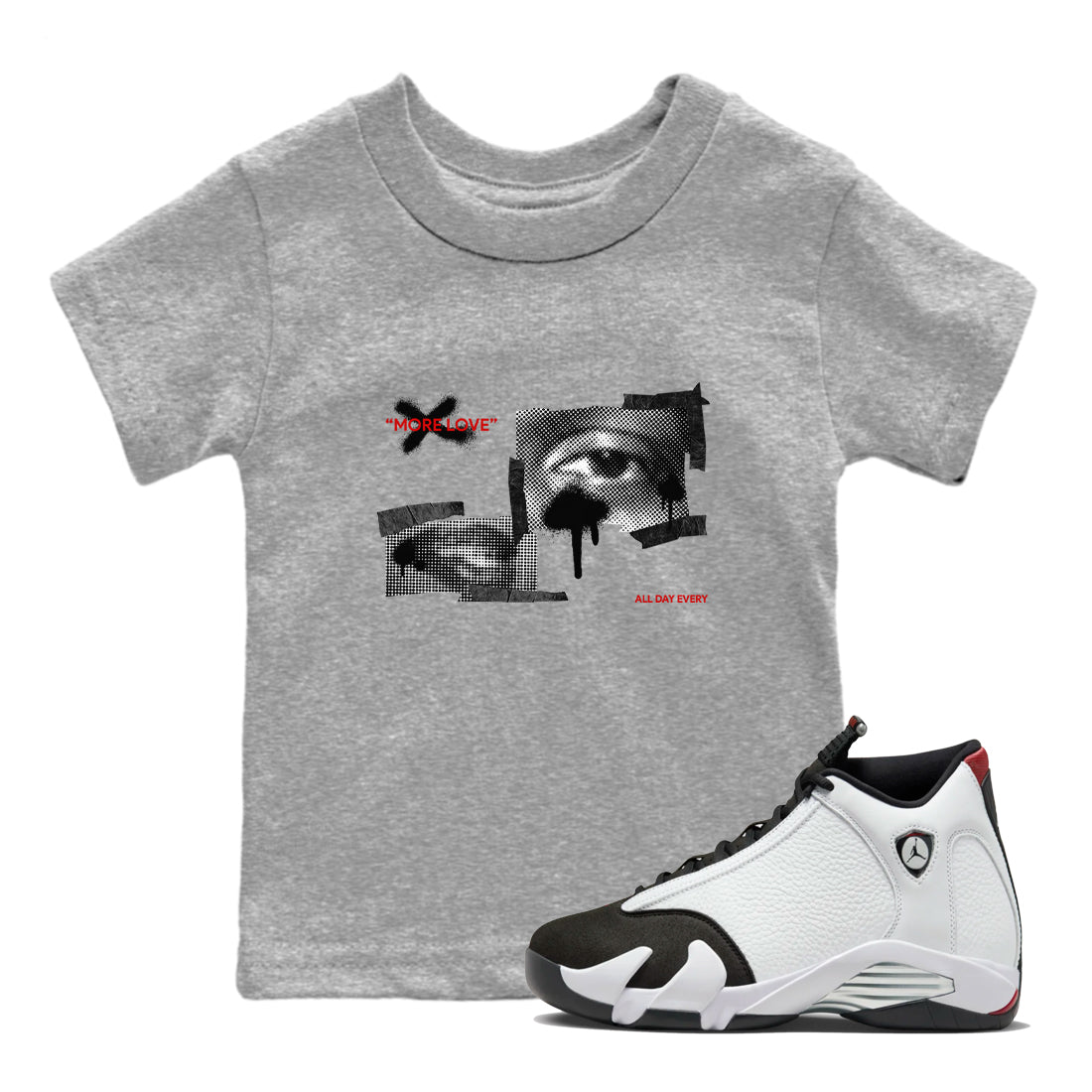 14s Black Toe shirts to match jordans More Love graphic tees Air Jordan 14 Black Toe t shirts to match sneakers SNRT Sneaker Tees Youth Baby Heather Grey 1 tee
