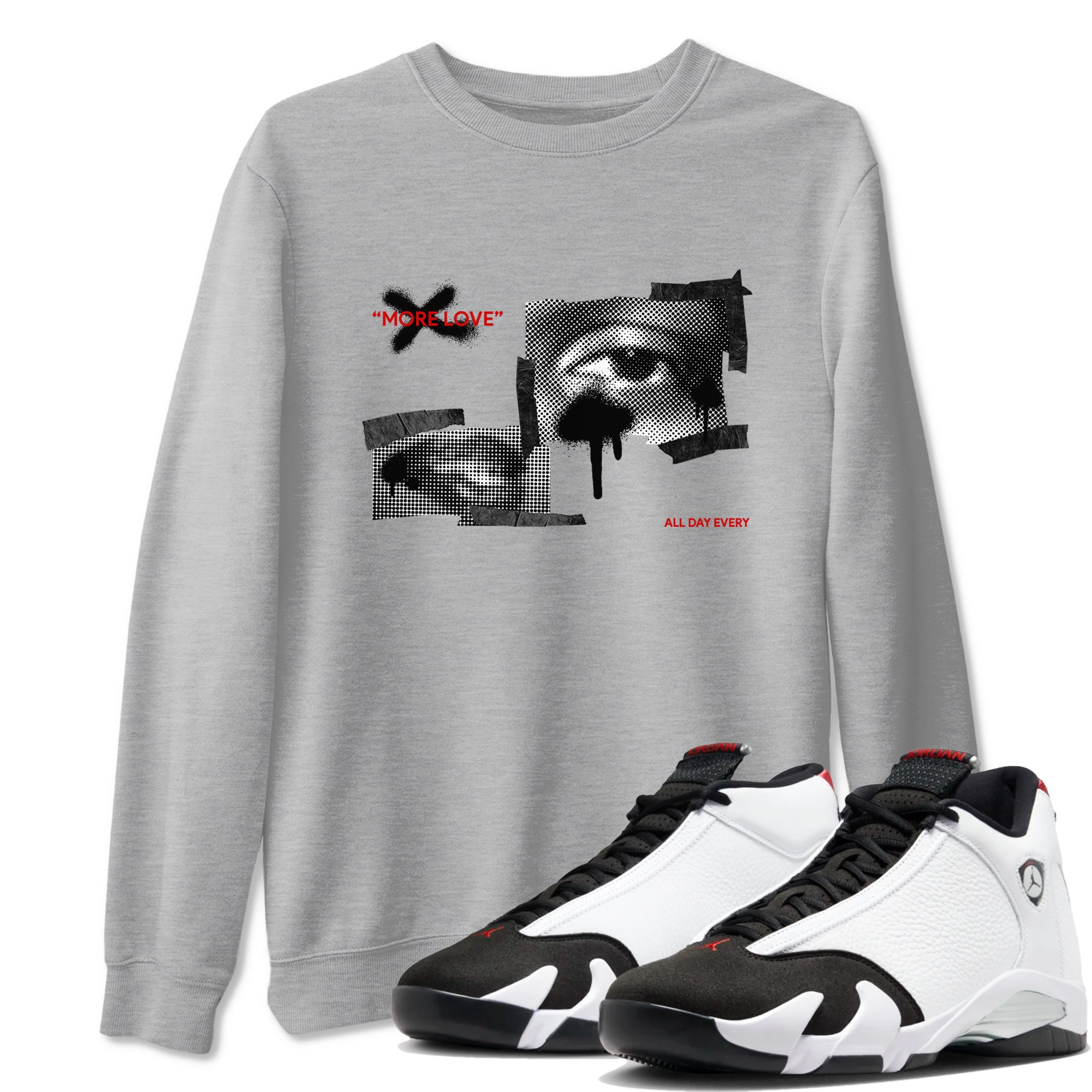 14s Black Toe shirts to match jordans More Love graphic tees Air Jordan 14 Black Toe t shirts to match sneakers SNRT Sneaker Tees unisex cotton Heather Grey 1 shirts
