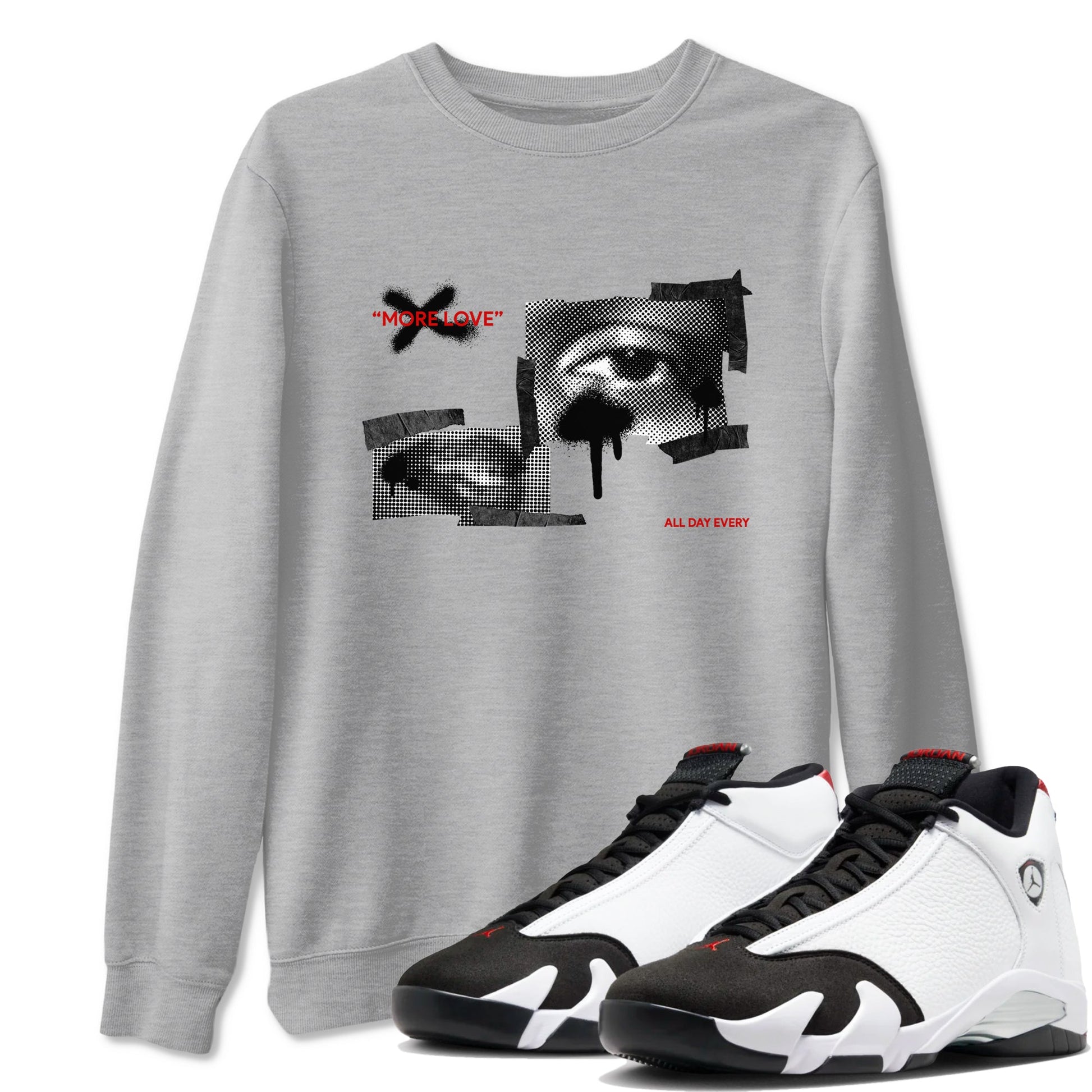 14s Black Toe shirts to match jordans More Love graphic tees Air Jordan 14 Black Toe t shirts to match sneakers SNRT Sneaker Tees unisex cotton Heather Grey 1 shirts