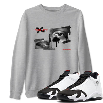 14s Black Toe shirts to match jordans More Love graphic tees Air Jordan 14 Black Toe t shirts to match sneakers SNRT Sneaker Tees unisex cotton Heather Grey 1 shirts