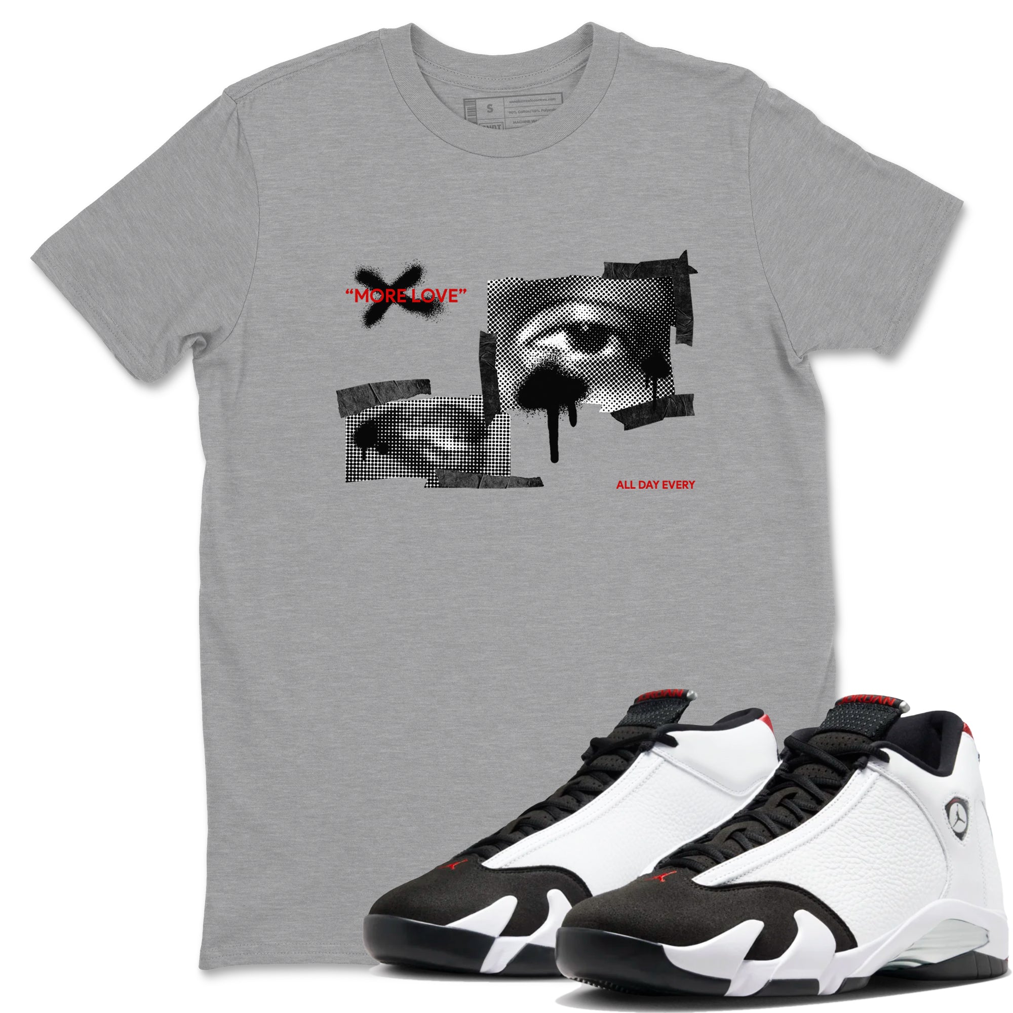 14s Black Toe shirts to match jordans More Love graphic tees Air Jordan 14 Black Toe t shirts to match sneakers SNRT Sneaker Tees unisex cotton Heather Grey 1 shirts