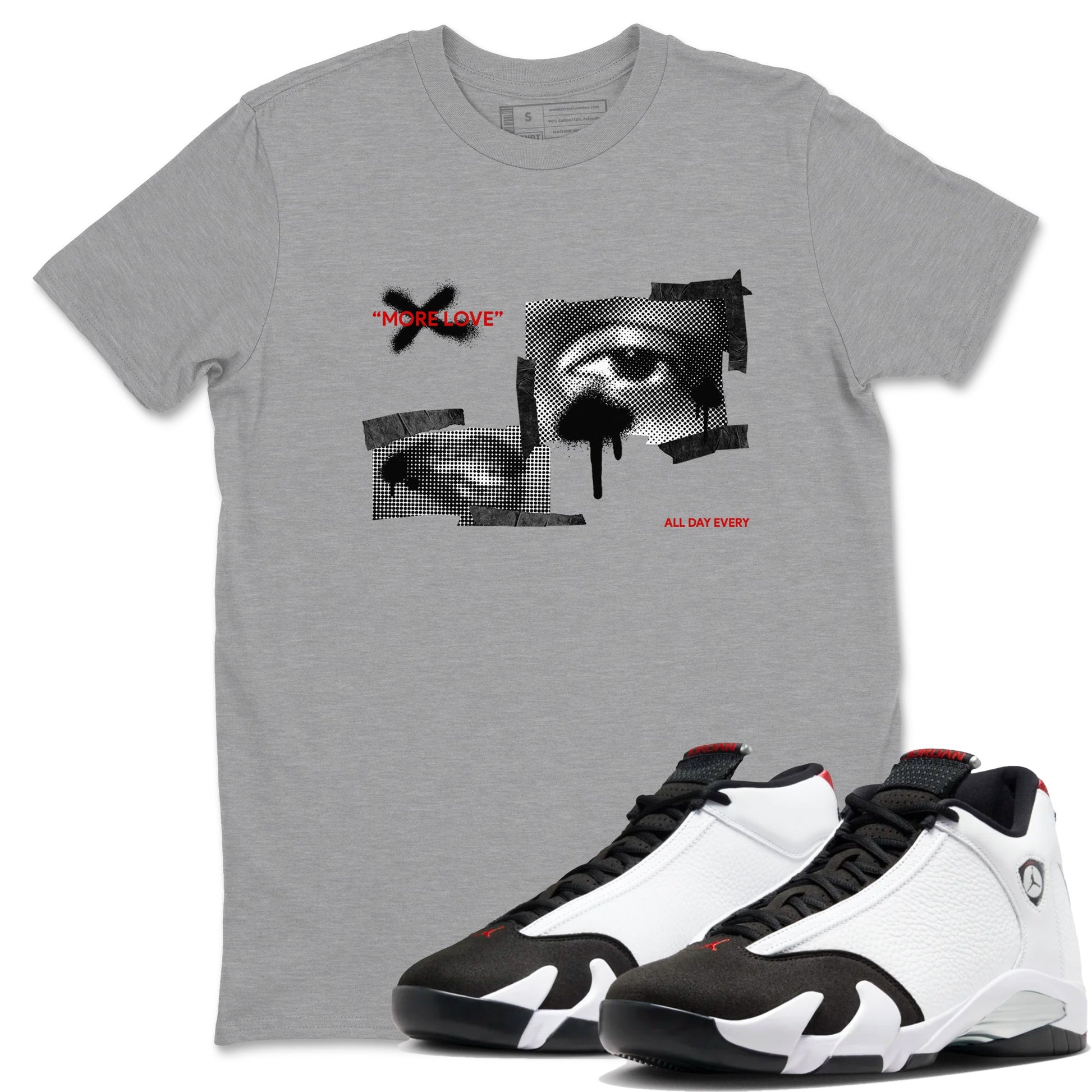 14s Black Toe shirts to match jordans More Love graphic tees Air Jordan 14 Black Toe t shirts to match sneakers SNRT Sneaker Tees unisex cotton Heather Grey 1 shirts