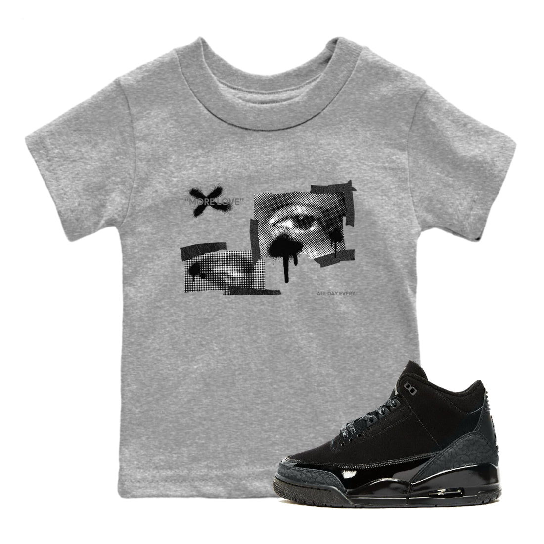 Air Jordan 3 Black Cat shirts to match jordans More Love sneaker tees 3s Retro Black Cat best t-shirts to wear with jordans SNRT Sneaker Tees Youth Baby Heather Grey 1 tee