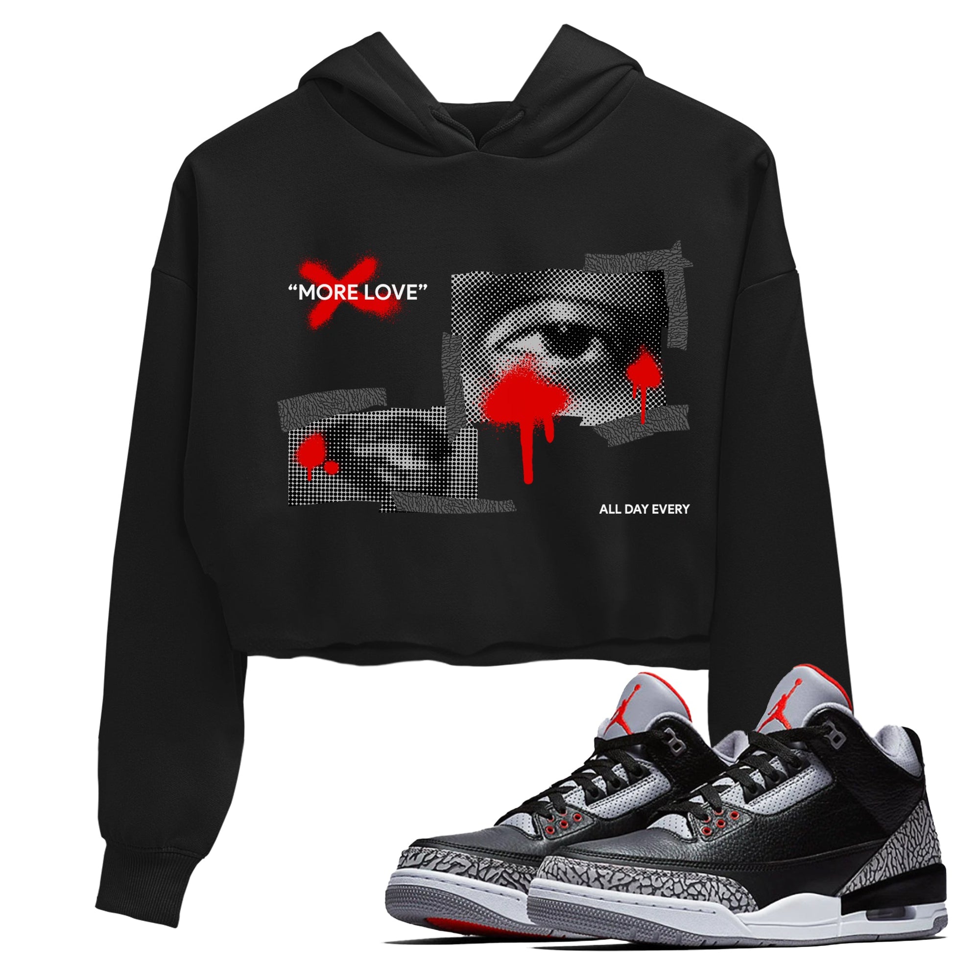 3s Black Cement shirts to match jordans More Love sneaker match tees Air Jordan 3 Black Cement match shoes to clothes SNRT Sneaker Tees unisex cotton Black 1 crop tee
