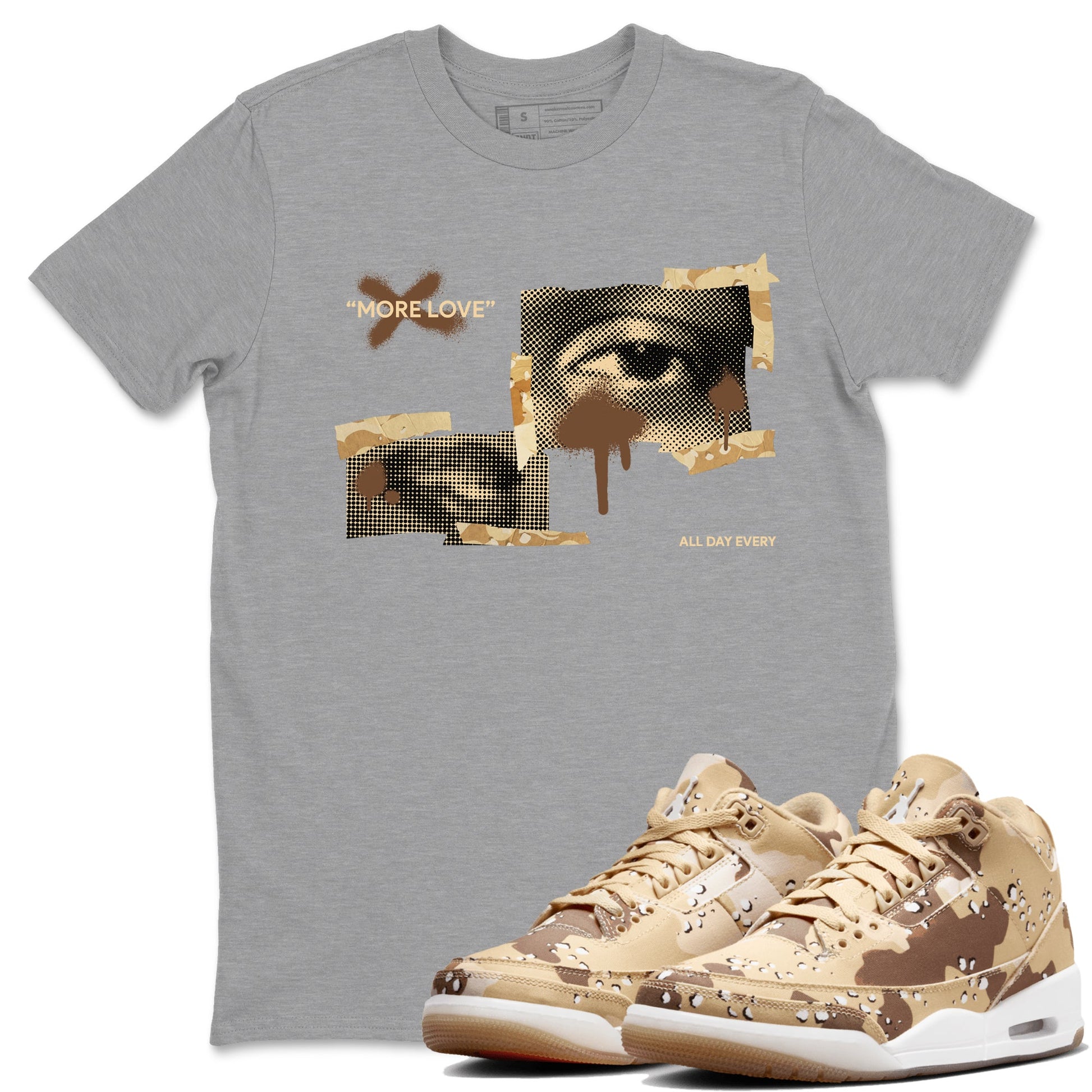 AJ3 Desert Camo shirts to match jordans More Love sneaker match tees Air Jordan 3 Desert Camo SNRT Sneaker Tees streetwear brand Heather Grey 1 unisex cotton tee