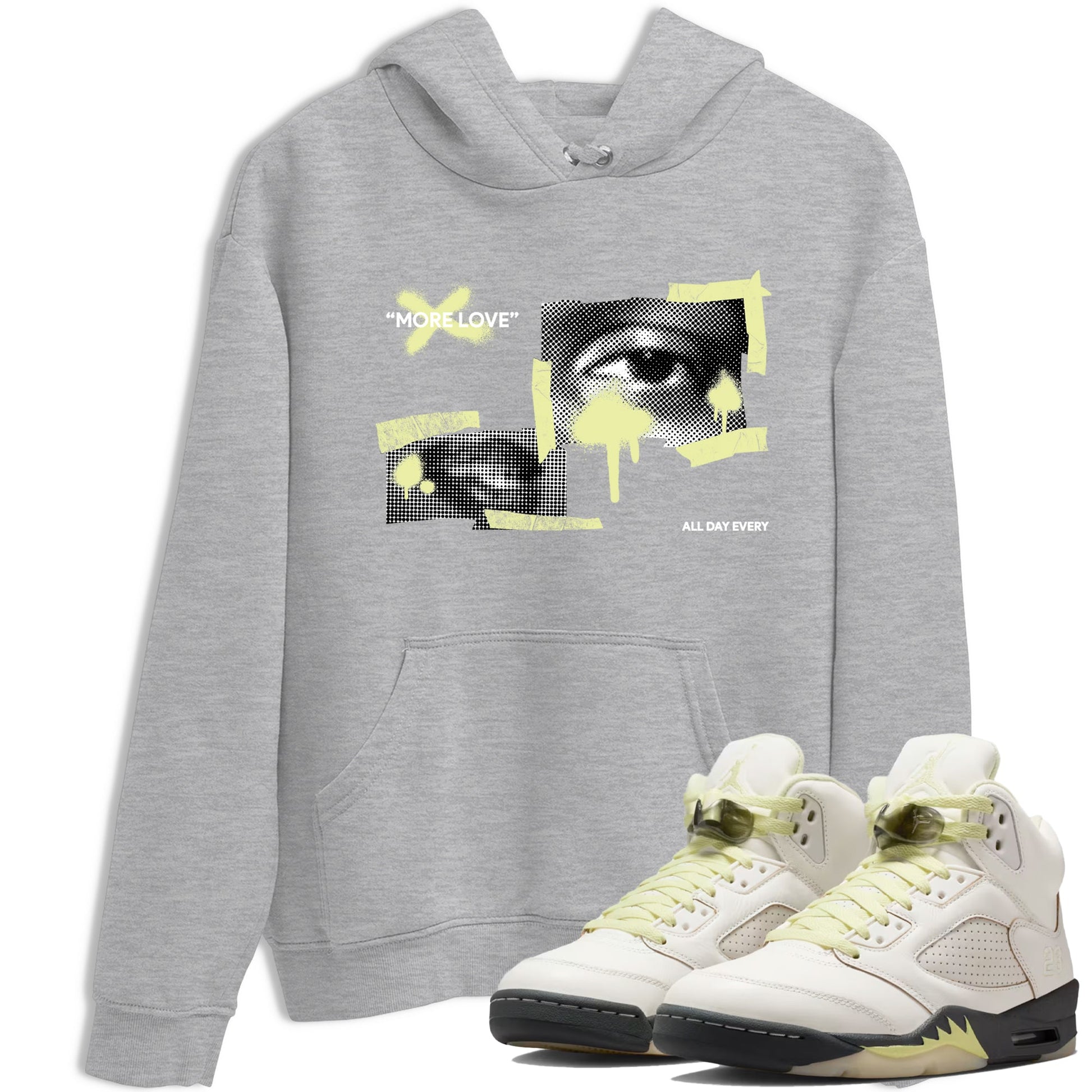 Sneaker match tees – Streetwear Graphic Tees Air Jordan 5 Luminous Green Sneakers – More Love Graphic Tee Heather Grey 1