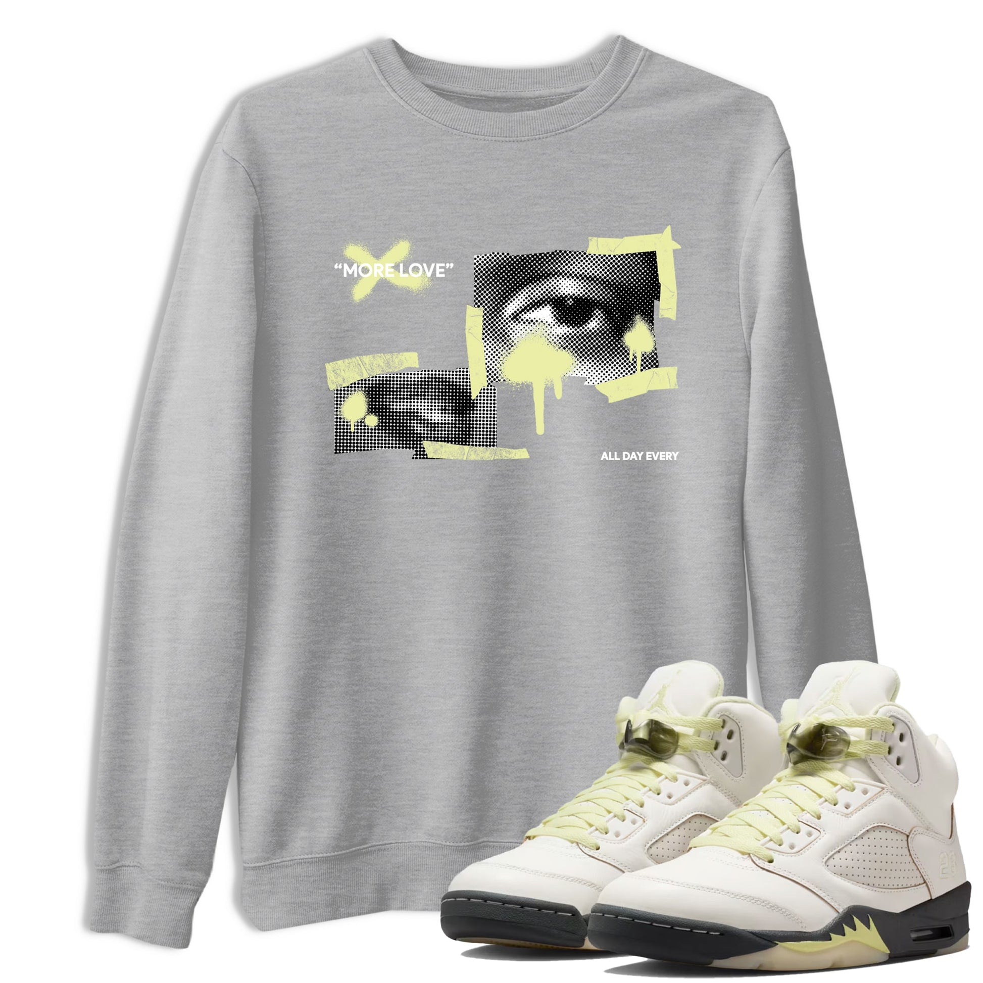Sneaker match tees – Streetwear Graphic Tees Air Jordan 5 Luminous Green Sneakers – More Love Graphic Tee Heather Grey 1