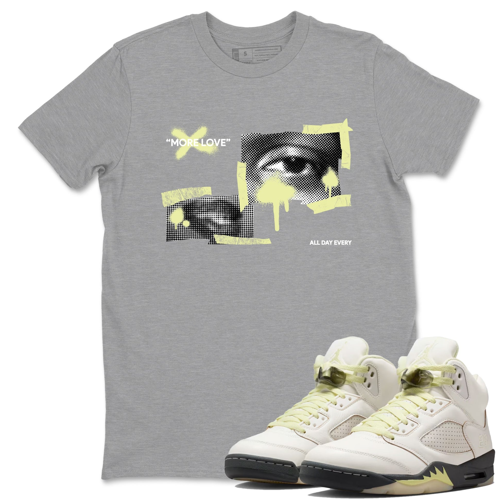 Sneaker match tees – Streetwear Graphic Tees Air Jordan 5 Luminous Green Sneakers – More Love Graphic Tee Heather Grey 1