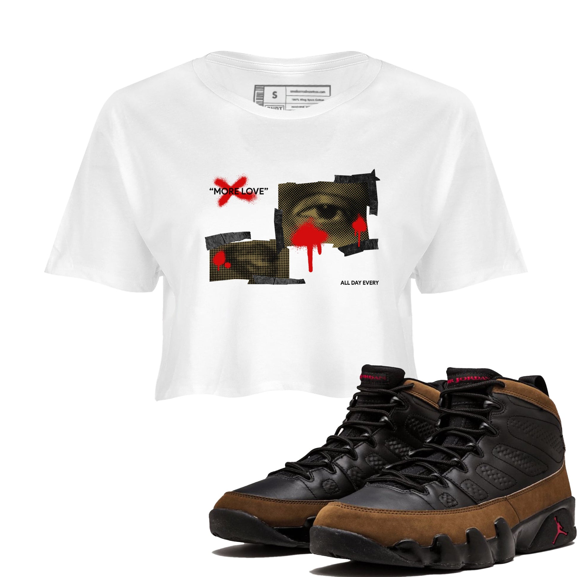9s Olive shirts to match jordans More Love sneaker match tees Air Jordan 9 Olive match shoes to clothes SNRT Sneaker Tees unisex cotton White 1 crop tee