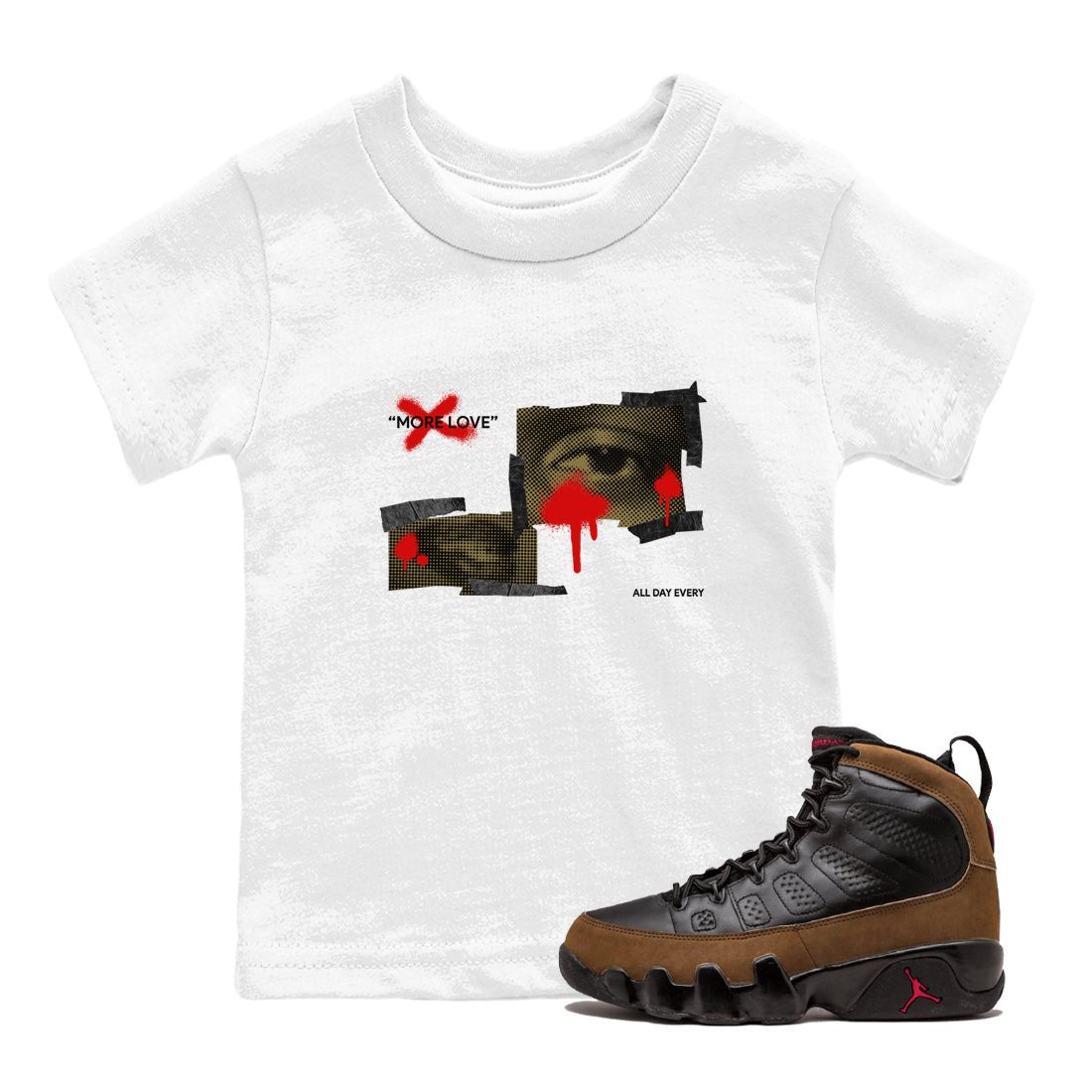 9s Olive shirts to match jordans More Love sneaker match tees Air Jordan 9 Olive match shoes to clothes SNRT Sneaker Tees Youth Baby White 1 tee