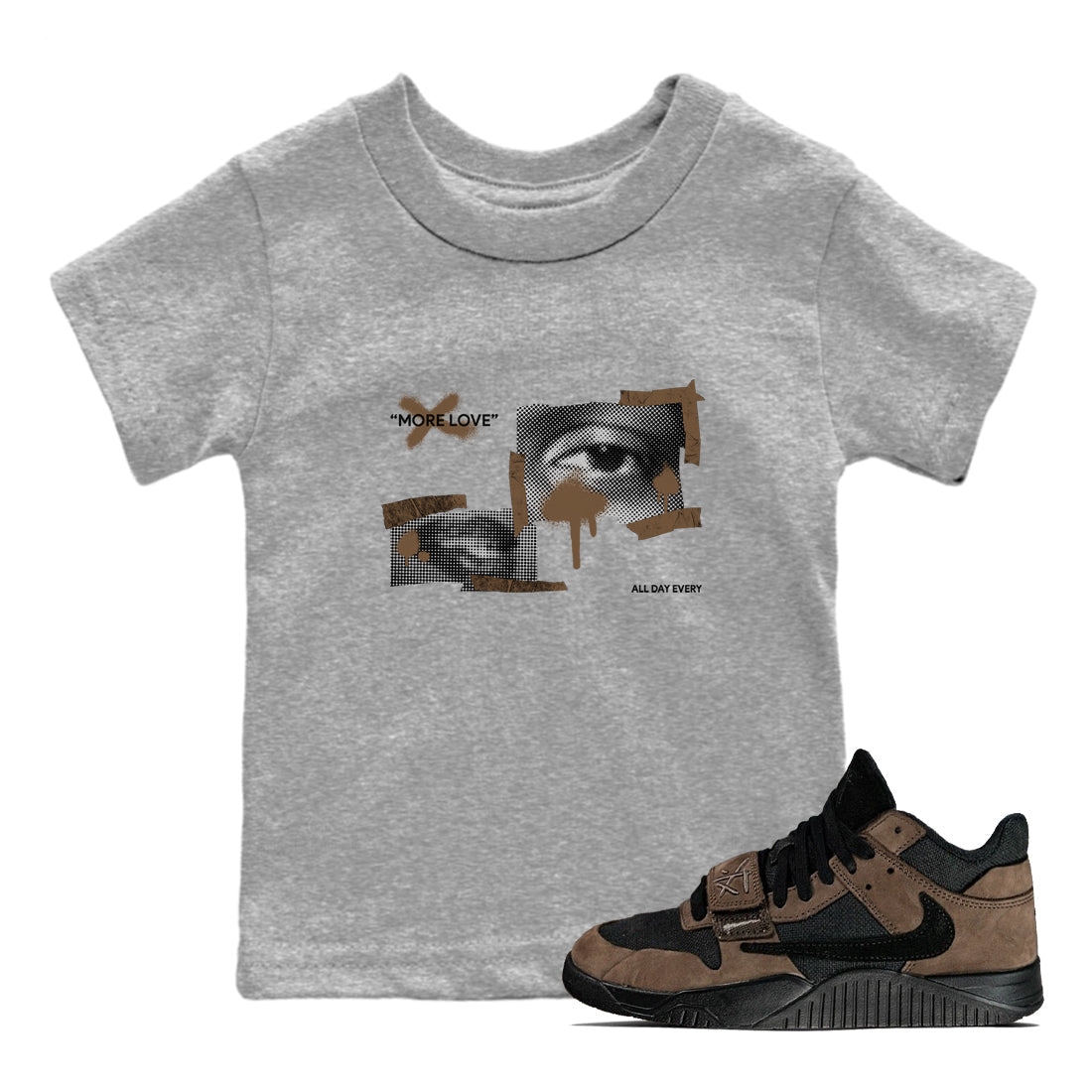 Jordan Jumpman Jack TR Travis Scott Dark Mocha shirts to match jordans More Love sneaker match tees Jordan Jumpman Jack Travis Scott Dark Mocha match shoes to clothes SNRT Sneaker Tees Youth Baby Heather Grey 2 tee