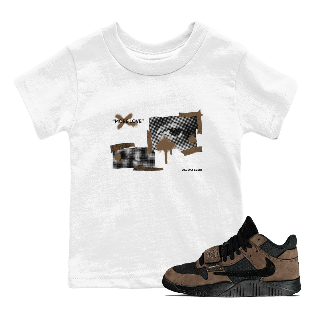 Jordan Jumpman Jack TR Travis Scott Dark Mocha shirts to match jordans More Love sneaker match tees Jordan Jumpman Jack Travis Scott Dark Mocha match shoes to clothes SNRT Sneaker Tees Youth Baby White 1 tee