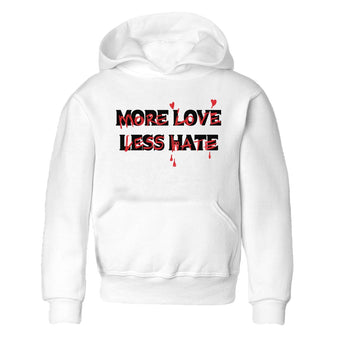 1s Black Toe Reimagined shirts to match jordans More Love Less Hate sneaker match tees Air Jordan 1 Black Toe Reimagined match shoes to clothes SNRT Sneaker Tees Youth Baby White 2 tee
