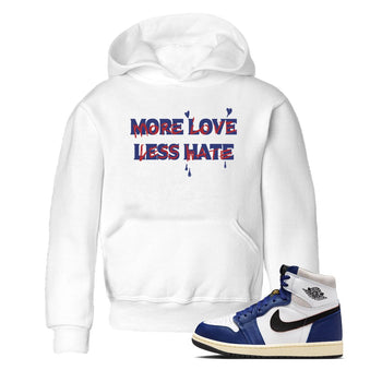 1s Rare Air shirts to match jordans More Love Less Hate sneaker match tees Air Jordan 1 High OG Rare Air Deep Royal Blue match shoes to clothes SNRT Sneaker Tees Youth Baby White 1 tee