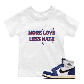 1s Rare Air shirts to match jordans More Love Less Hate sneaker match tees Air Jordan 1 High OG Rare Air Deep Royal Blue match shoes to clothes SNRT Sneaker Tees Youth Baby White 1 tee
