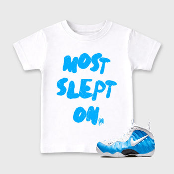 Sneaker match tees – Sneaker Tees To Match Air Foamposite Pro University Blue Shoes – Most Slept On Kids T-Shirt White 1