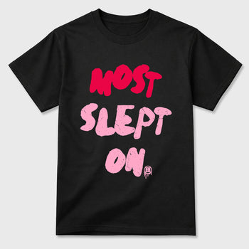 Most Slept On Graphic T-Shirt sneaker match tee designed for the Air Jordan 1 Travis Scott Tropical Pink, featuring coordinated color options for a perfect streetwear match. Black 2 shirt.