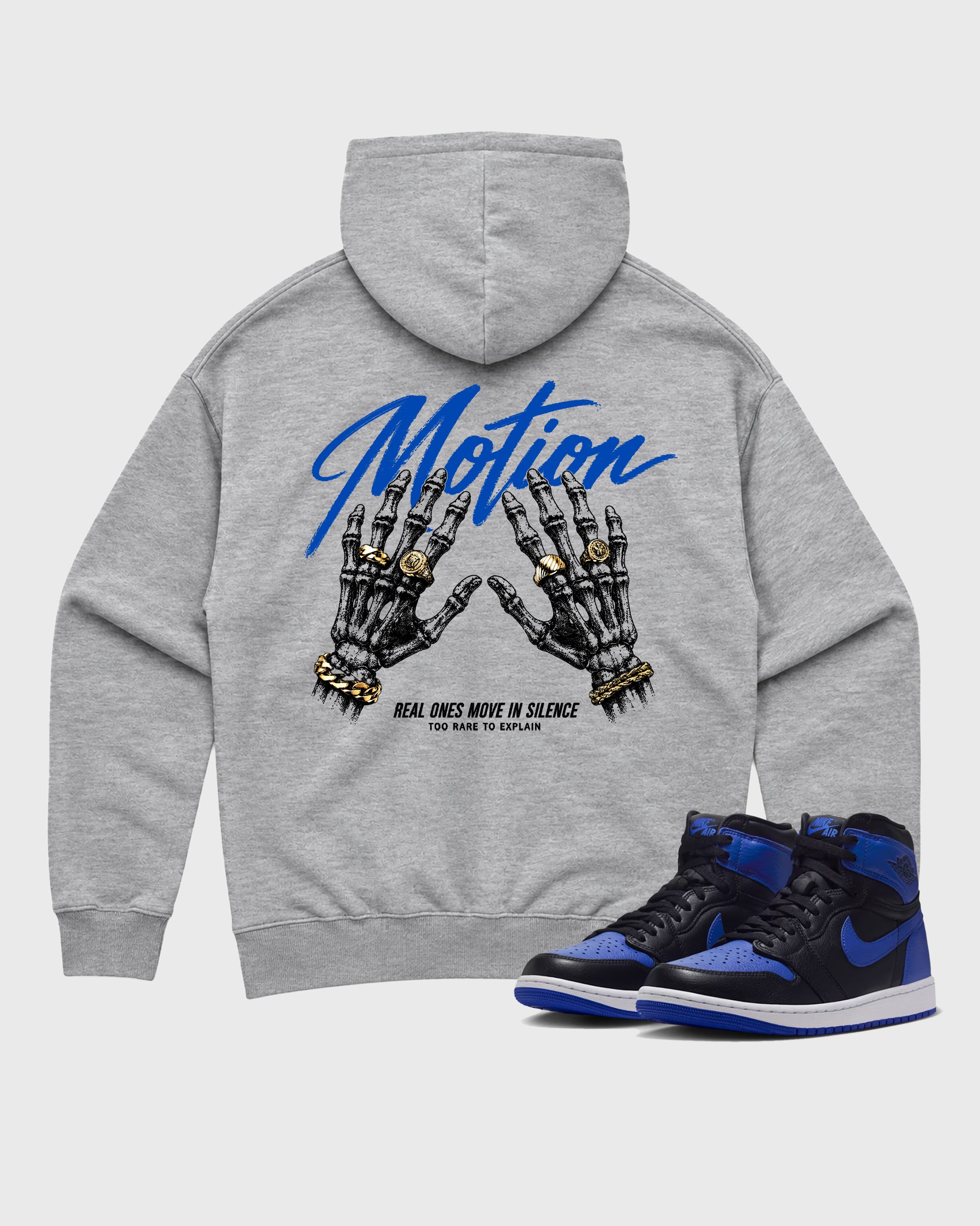 Motion Heather Grey Graphic Hoodie - 1, a sneaker matching hoodie designed to pair with Air Jordan 1 Royal sneakers for a coordinated sneaker outfit.