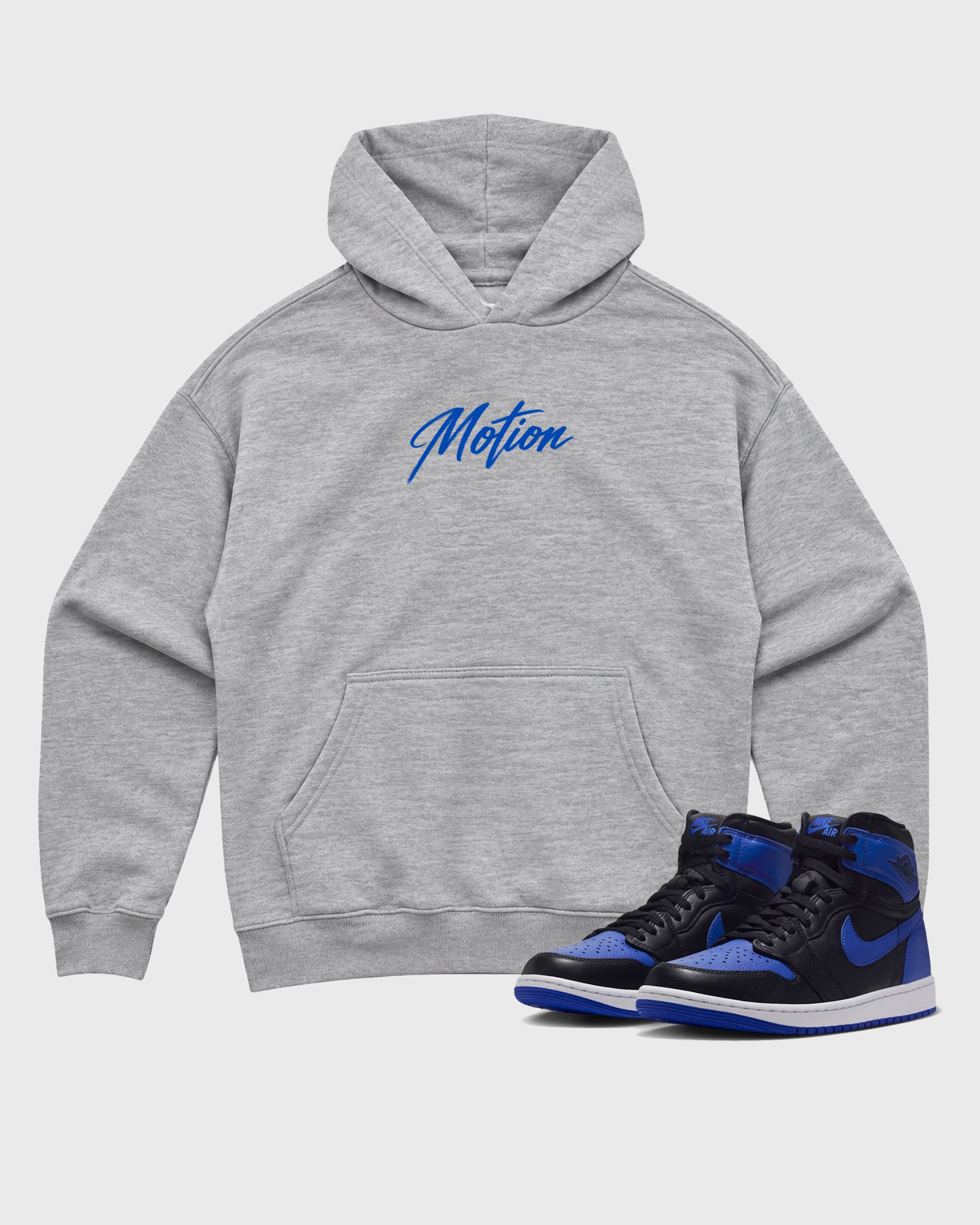 Motion Heather Grey Graphic Hoodie - 2, featuring original SNRT streetwear artwork created to complement Air Jordan 1 Royal sneakers with an easy everyday fit.