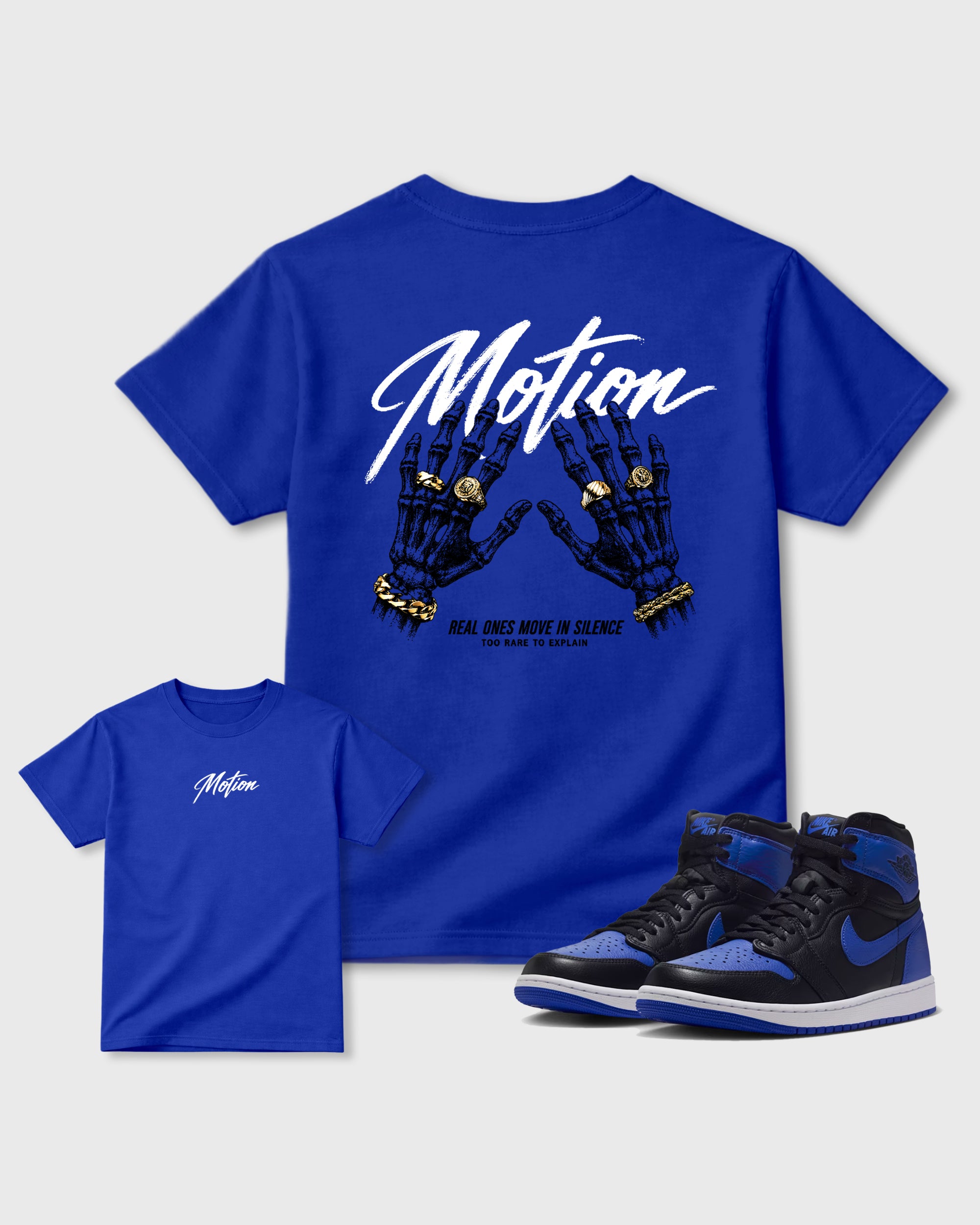 Motion Royal Blue Graphic Tees - 3, sneaker matching shirt designed to pair with Air Jordan 1 Royal sneakers for a coordinated streetwear outfit.