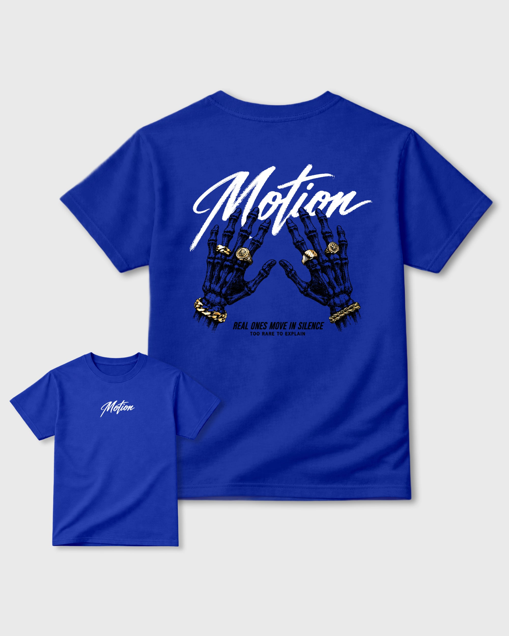 Motion Royal Blue Graphic Tees - 3, sneaker matching shirt designed to pair with Air Jordan 1 Royal sneakers for a coordinated streetwear outfit.